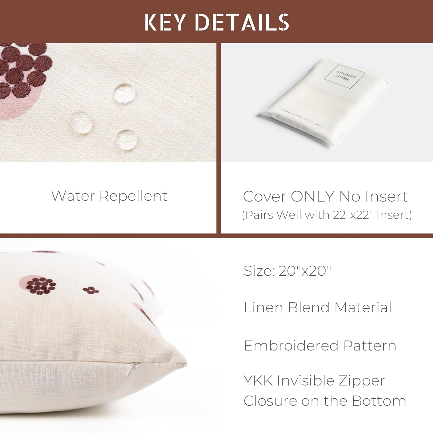 Crumbs Home Modern Farmhouse California Casual Indoor Outdoor Throw Pillow Cover, 20"x20" Water Repellent for Patio, Backyard, Couch, Earth Tone Rust Orange Ivory Cream Embroidered Striped Dots