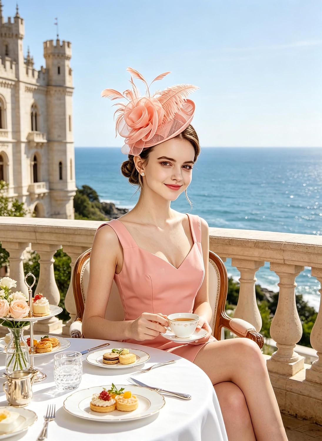 Z&X Sinamay Fascinator Pillbox Hats for Women Feather Flower Church Derby Headband Clip Wedding Tea Party Hat