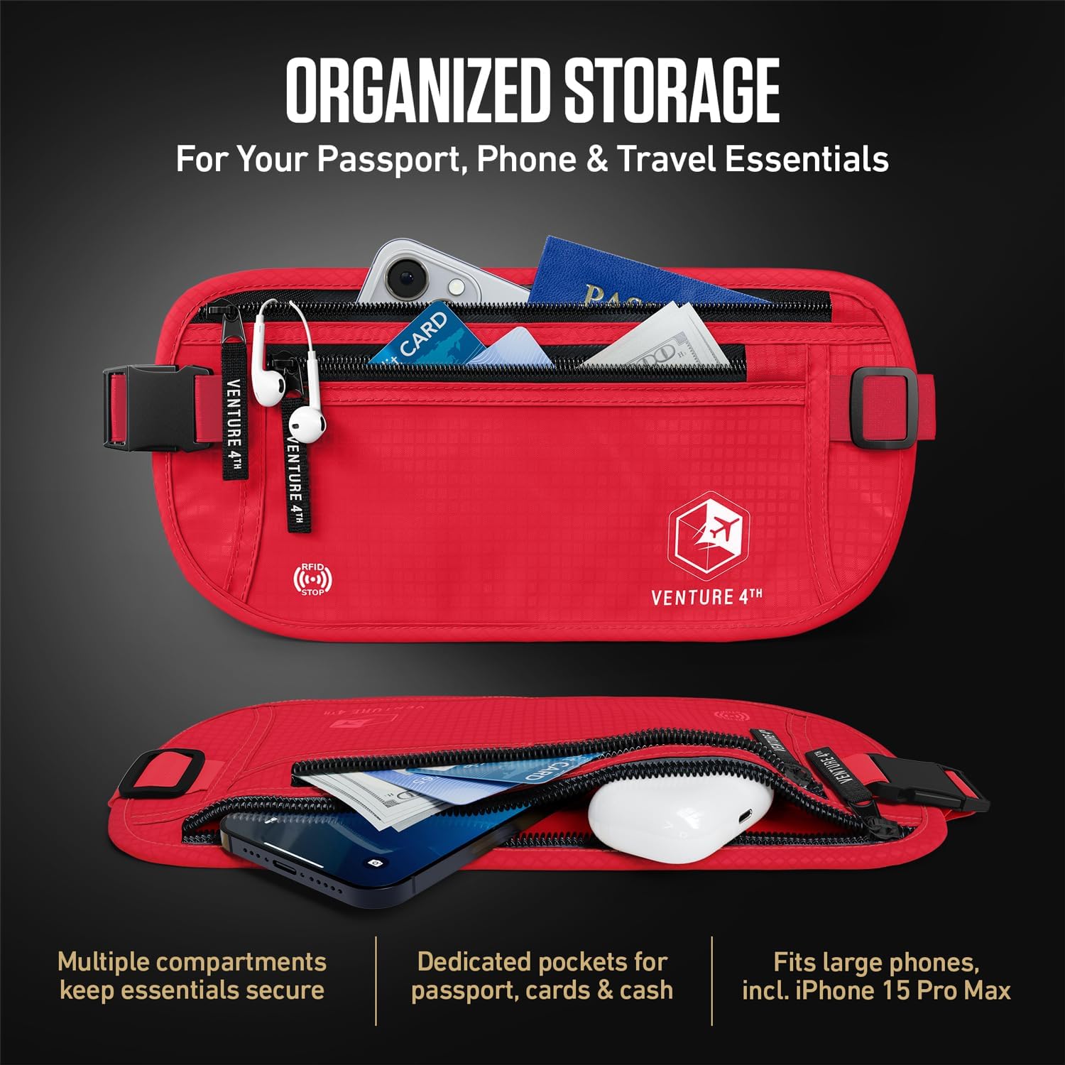 VENTURE 4TH Money Belt for Travel – Slim Hidden Under-Clothes RFID Blocking Anti-Theft Passport Holder & Travel Wallet Pouch for Men & Women to Protect Cash, Cards & Documents (Red) thumbnail