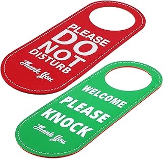PU Leather Please Do Not Disturb Sign and Welcome Please Knock Sign, Door Knob Privacy Signs for Office Clinic Dorm Online Class Video and Meeting Session, 1 Pack, Green/Red Double Sided