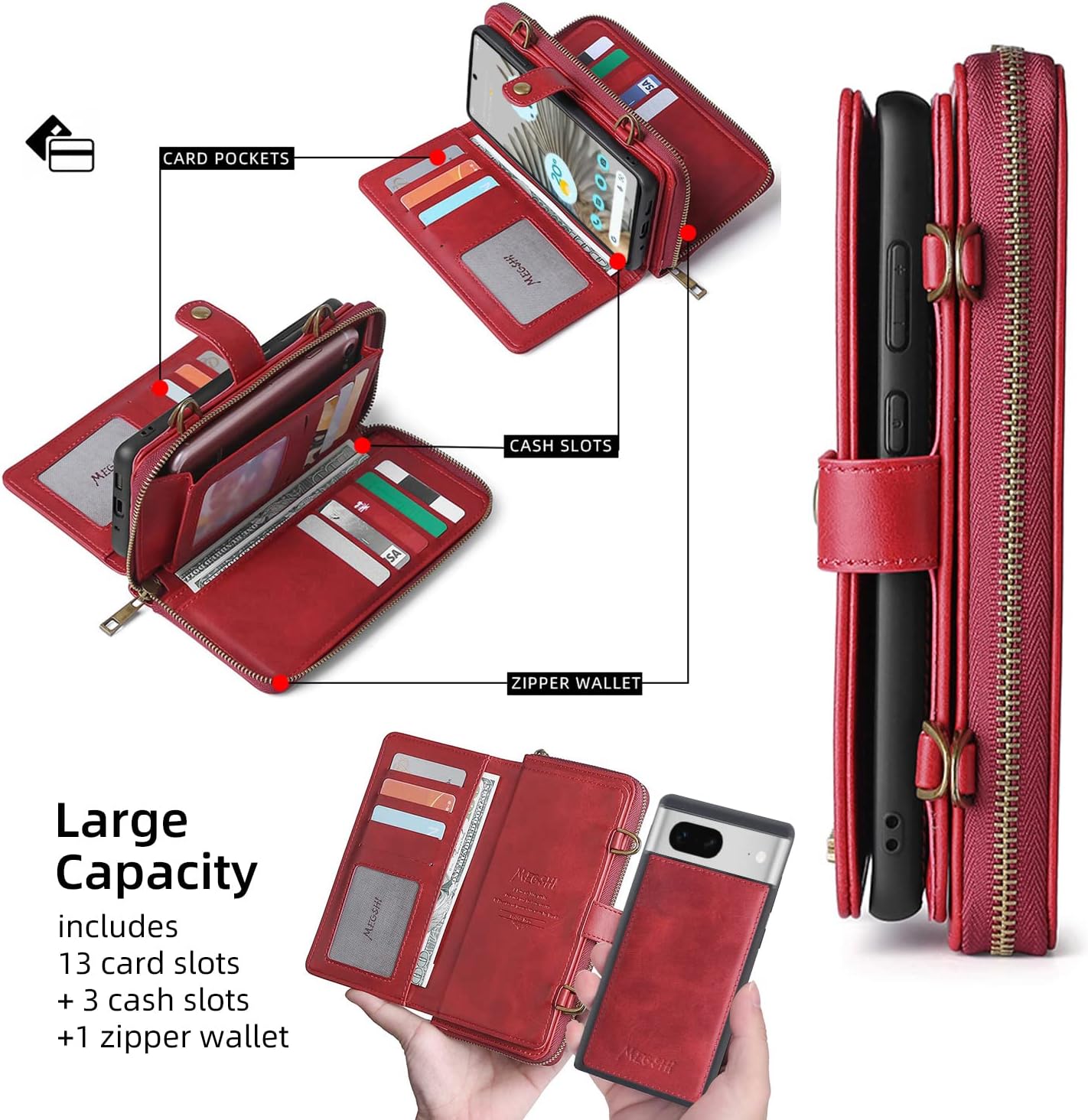 Compatible with Google Pixel 7 5G Wallet Case Crossbody Shoulder Strap Stand Leather Card Holder Multi-Function 2in 1 Detachable Magnetic Cell Accessories Phone Cover for Pixel7 Pixle Seven Women Red