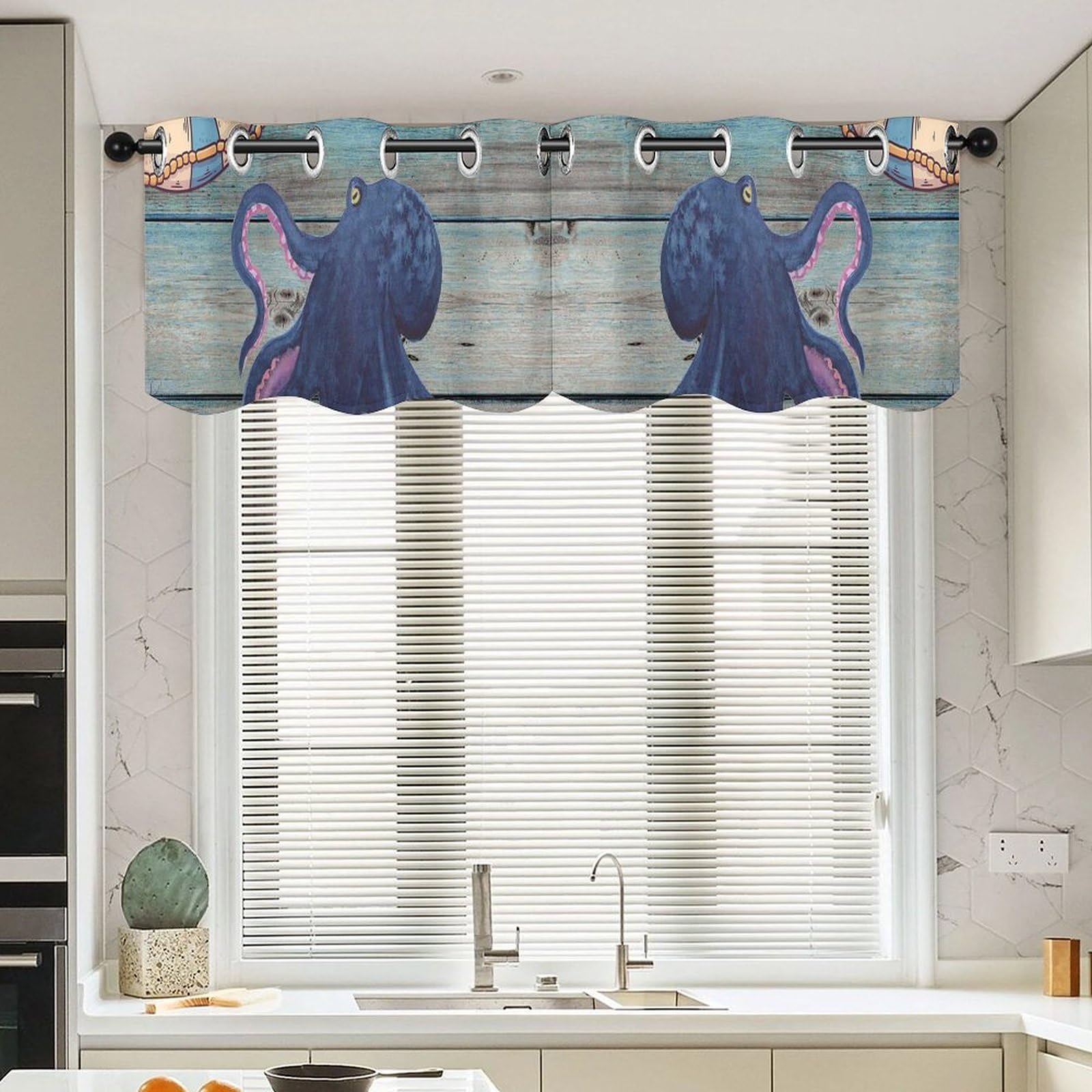 Cenefas para ventanas de cocina rústicas: juego de 2 cortinas cortas de pulpo y mar de 52x18"