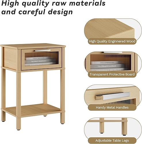 Miniatura 8 de Mesita de noche de madera con cajón, mesita de noche de madera natural, estilo moderno, mesa auxiliar pequeña con estante de almacenamiento para