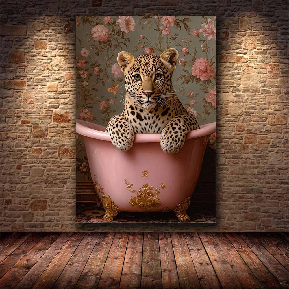 AMXBZC cuadros de animales para habitación infantil Bañera Flor de leopardo Moderno Pared Arte Cartel para Sala de Estar decoración del hogar baño cuadros（Rosado-40x60cm Enmarcado
