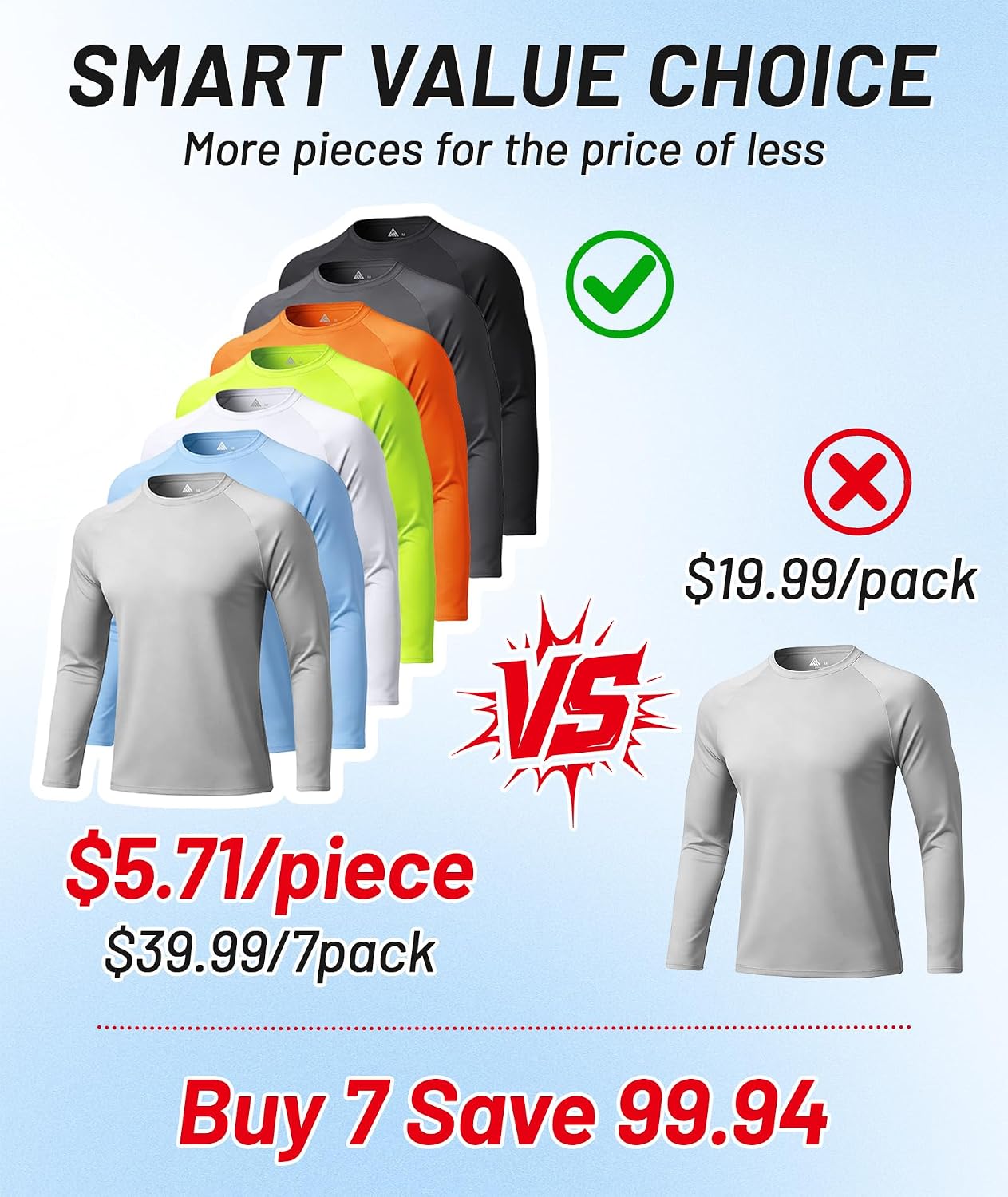 7 Pack Mens UPF 50+ Sun Protection Shirts Long Sleeve Fast Dry Lightweight Rashguard for Running Swimming