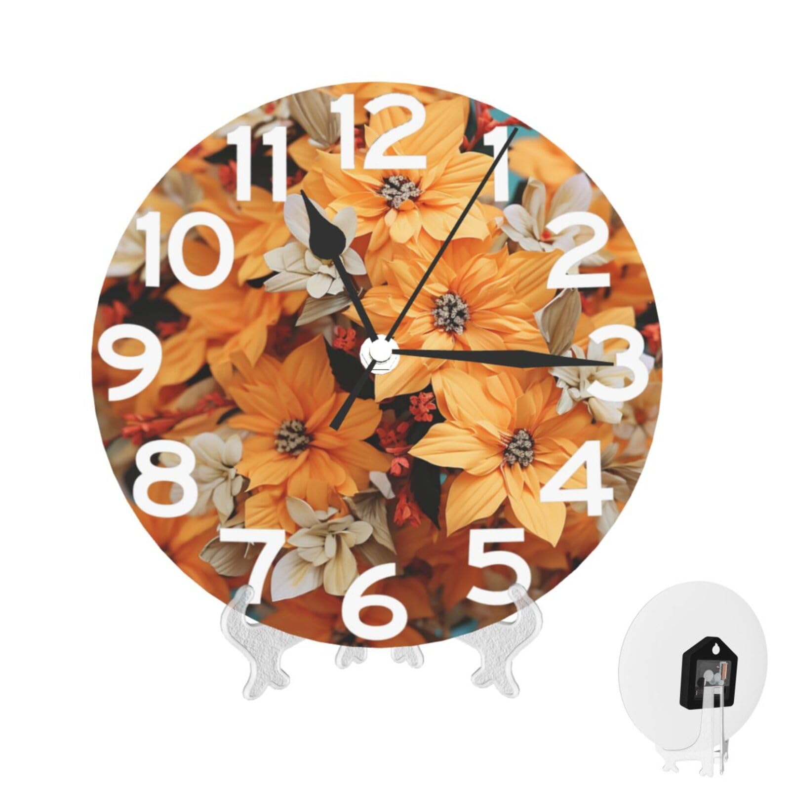 XOPEKVLAWM Wall Clock 10 Inch Non-Ticking Silent Modern Simple Style Round Decor Clocks Orange flowers Clock Decorative Battery Operated Wall Clocks for Home Office Living Room