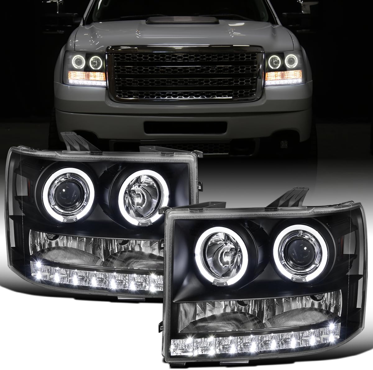 Ronnin - Fits 2007-2014 GMC Sierra 1500 Hybrid 1500HD 2500HD 3500HD Denali LED Dual Rims Projector Headlights Replacement Assembly Pair | Black