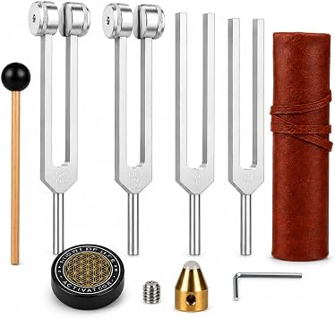 Tuning Forks for Healing Set, 128/136.1/256/384Hz, 4 PCS + Printed Guide | Aluminum sound healing kit for meditation, yoga, reiki & sound bath - wooden mallet, activator & pouch included