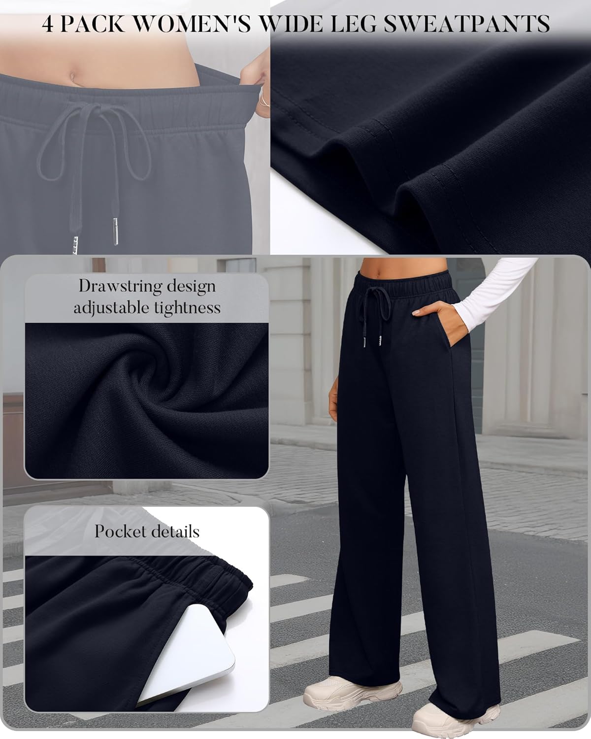 4 Pack Women's Wide Leg Sweatpants Drawstring Lounge Joggers for Women Straight Pants Elastic Waist with Pockets - Image 4