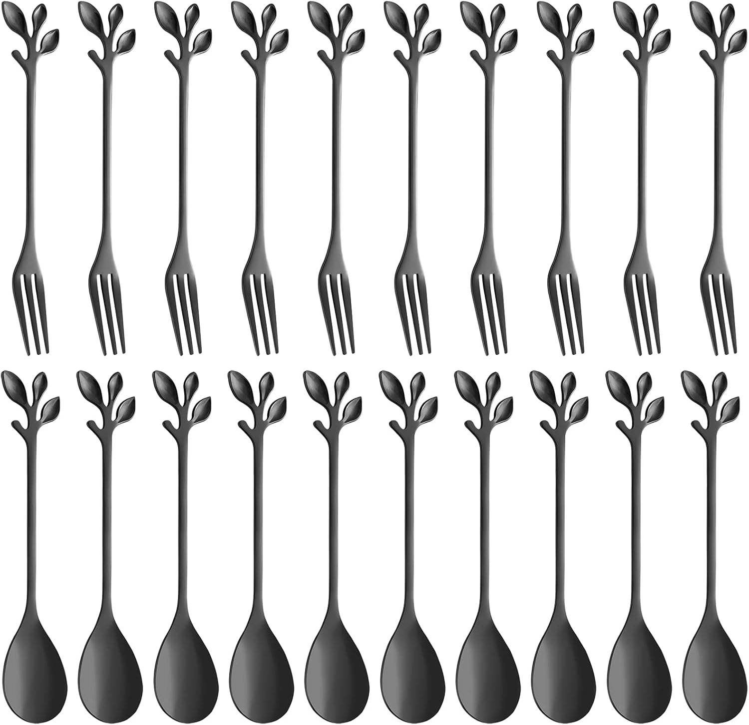 AnSaw 20-Pc Mini Black Coffee Spoons & Dessert Forks Set, 4.7" Stainless Steel Leaf Handle, Ideal for Tea, Appetizers, Tastings - Perfect for Party, Charcuterie, Cocktails