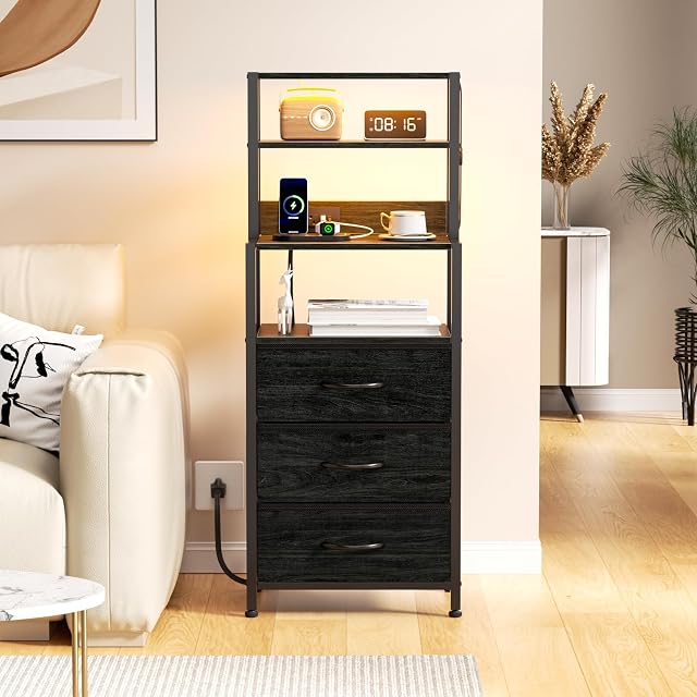 Furnulem Night Stand Tall Nightstand with 4-Tier Shelves and 3 Fabric Drawers LED Bed Side Tables with Charging