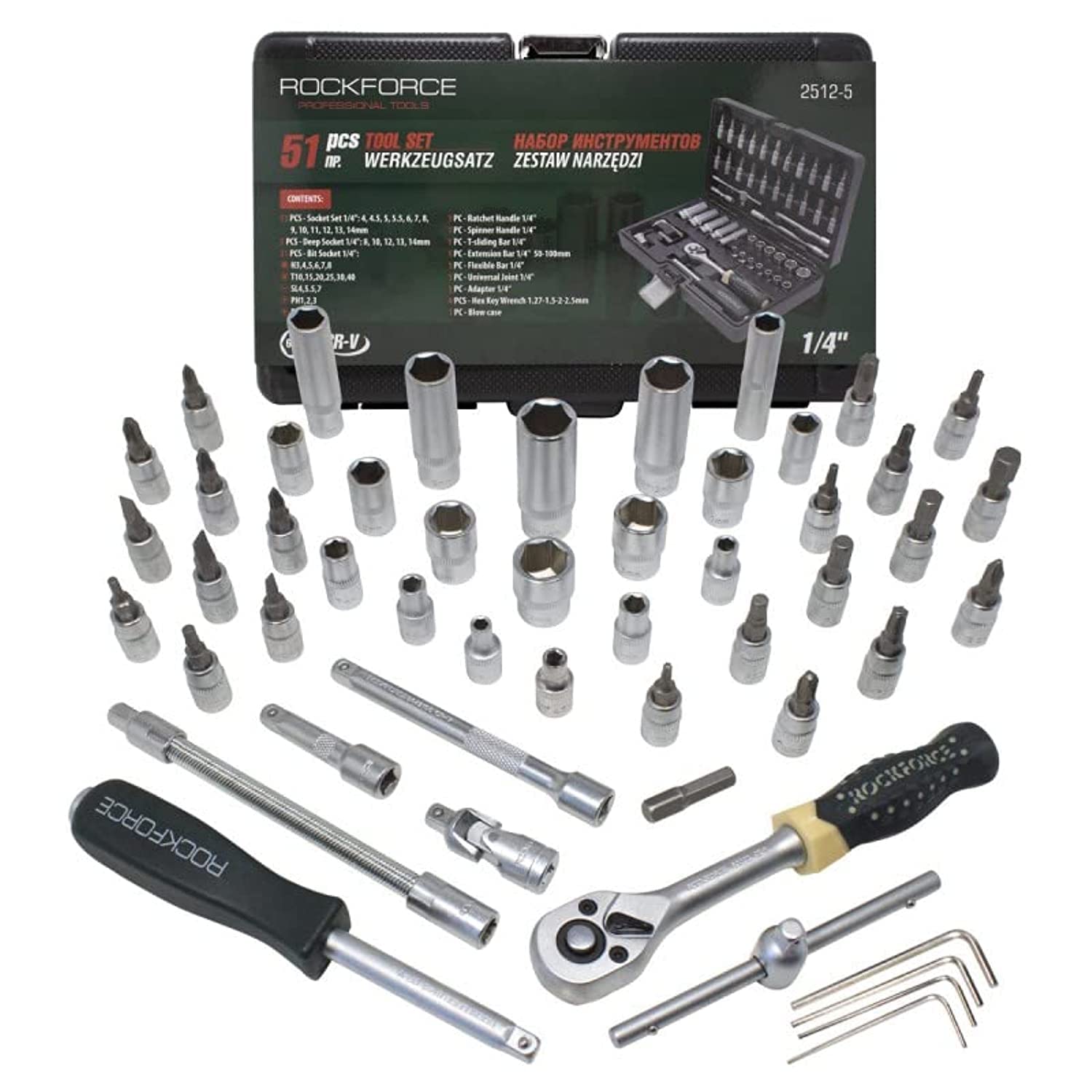 ROCKFORCE Automotive Tool Kit 1/4" for Car, Bicycle and Home 51 Pieces Ratchet Torque Wrench Extension Bar Drill Bits in Set Case