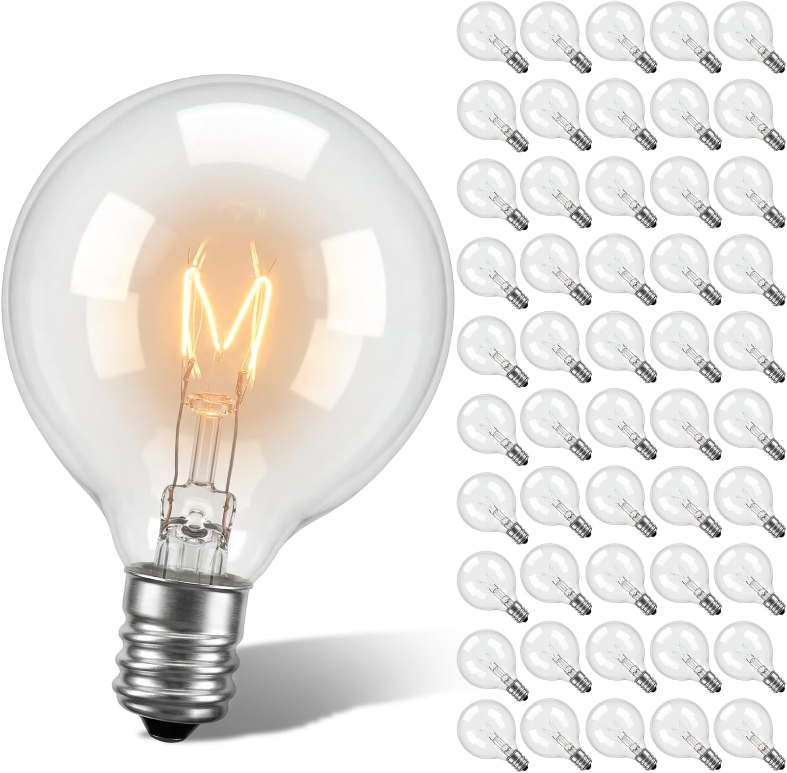 SUNSGNE G40 Replacement Light Bulbs, 5 Watt Clear Bulbs 1.5 Inch Globe Light Bulbs for Indoor Outdoor String Lights Replacement, Fits E12/C7 Screw Base Socket, 50 Pack