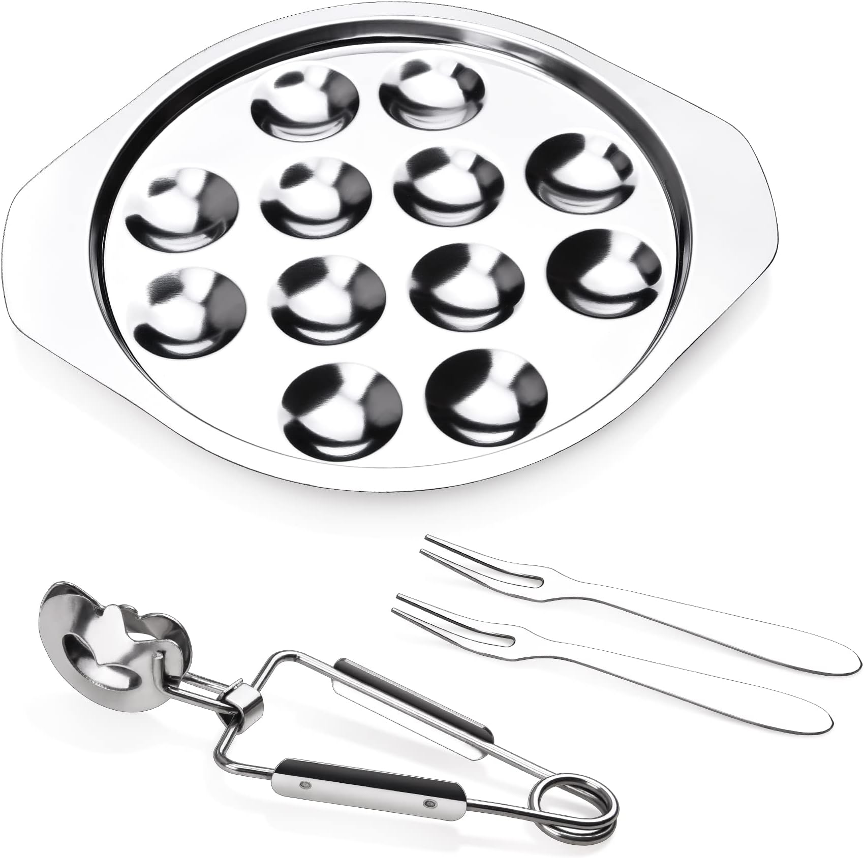 4pcs Set of Escargot Tool Stainless Steel Snail 4 Pes Set Of Escargot Plate 12 Holes with Escargot tong and Escargot fork for Kitchen Restaurant - best kitchen gift