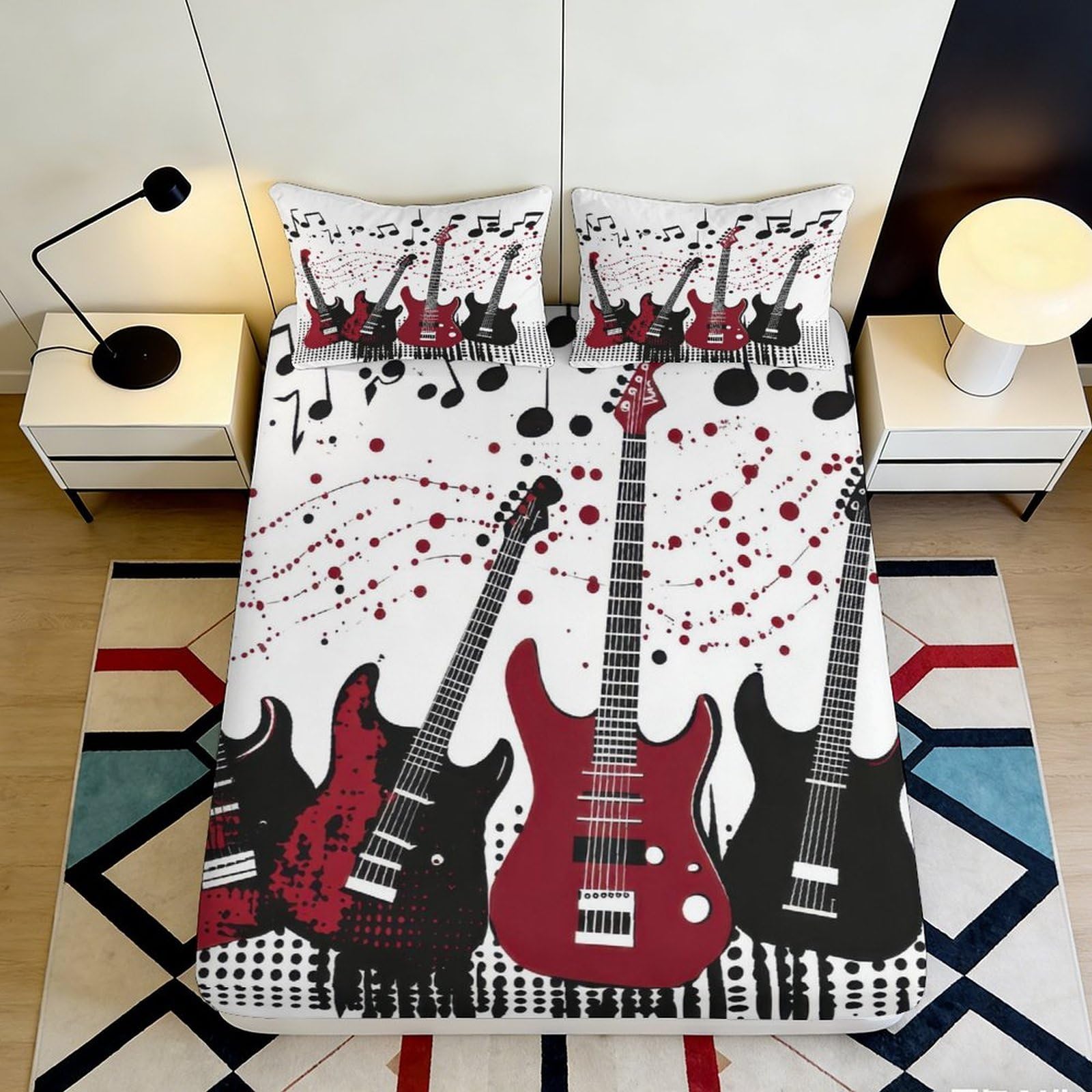 Decorative guitar motif Fitted Sheet, 3D Printed soft touch, Microfiber, apartment bedding, stylish room accent, easy care, bedroom decor 90x200x25cm