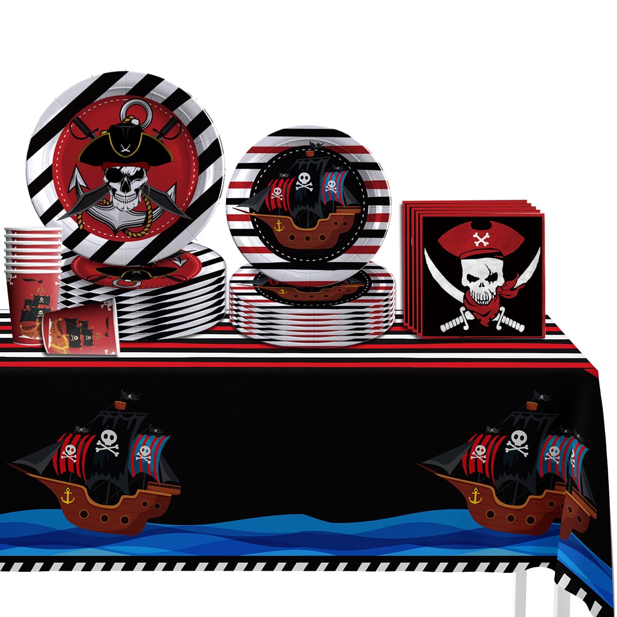 Birthday Party Decorations - Pirates Birthday Party Supplies 69cs, Included Pirates Theme Plates Cups Napkins Tablecloth Disposable Serves 10 Guests