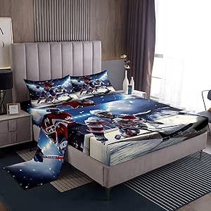 Erosebridal Ice Hockey Bed Sheets Full Size - Sports Themed Bedding Set With Deep Pockets, Black/White Cartoon Print