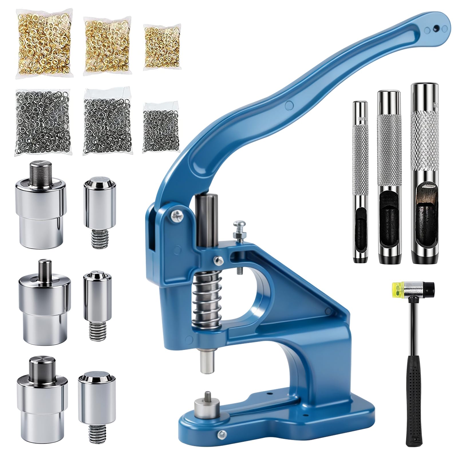 LetCartMaker Manual Grommet Eyelet Machine, Hand Press Punch Tool with 6/10/12mm Dies & 9000pcs Grommets (Silver/Gold), Heavy Duty Eyelet Setting Tool for Leathercraft, Sewing, Banners & Bags, Blue