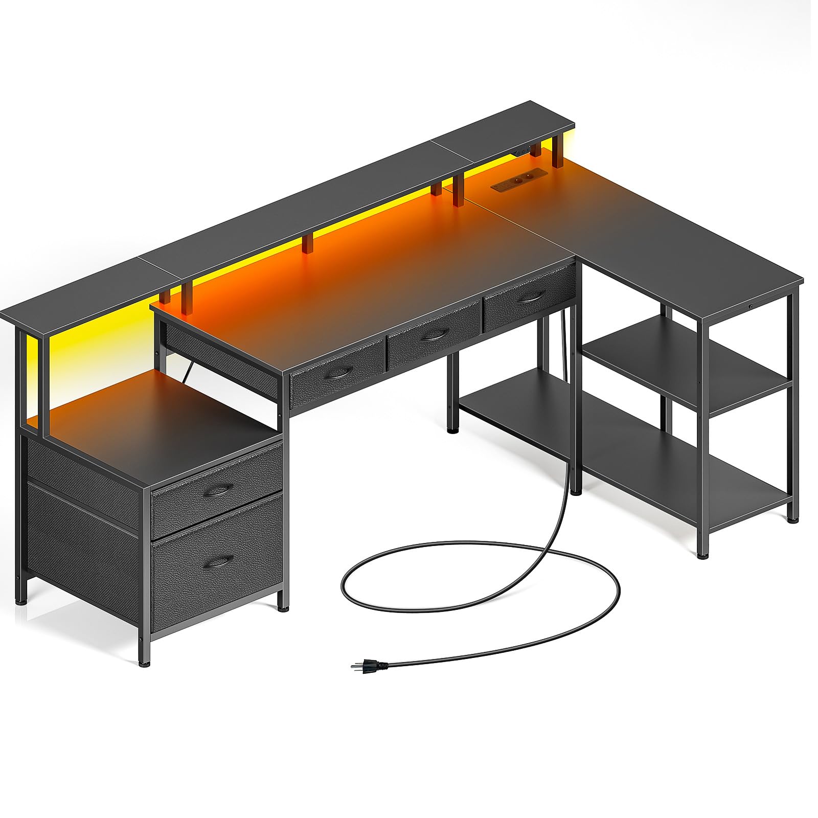 Rolanstar Escritorio en L de 163 cm con Cajones, Escritorio Gaming Reversible con Tomas de Corriente, LED y Soporte para Monitor, Mesa Ordenador para Oficina, Dormitorio o Sala de Trabajo (Negro)