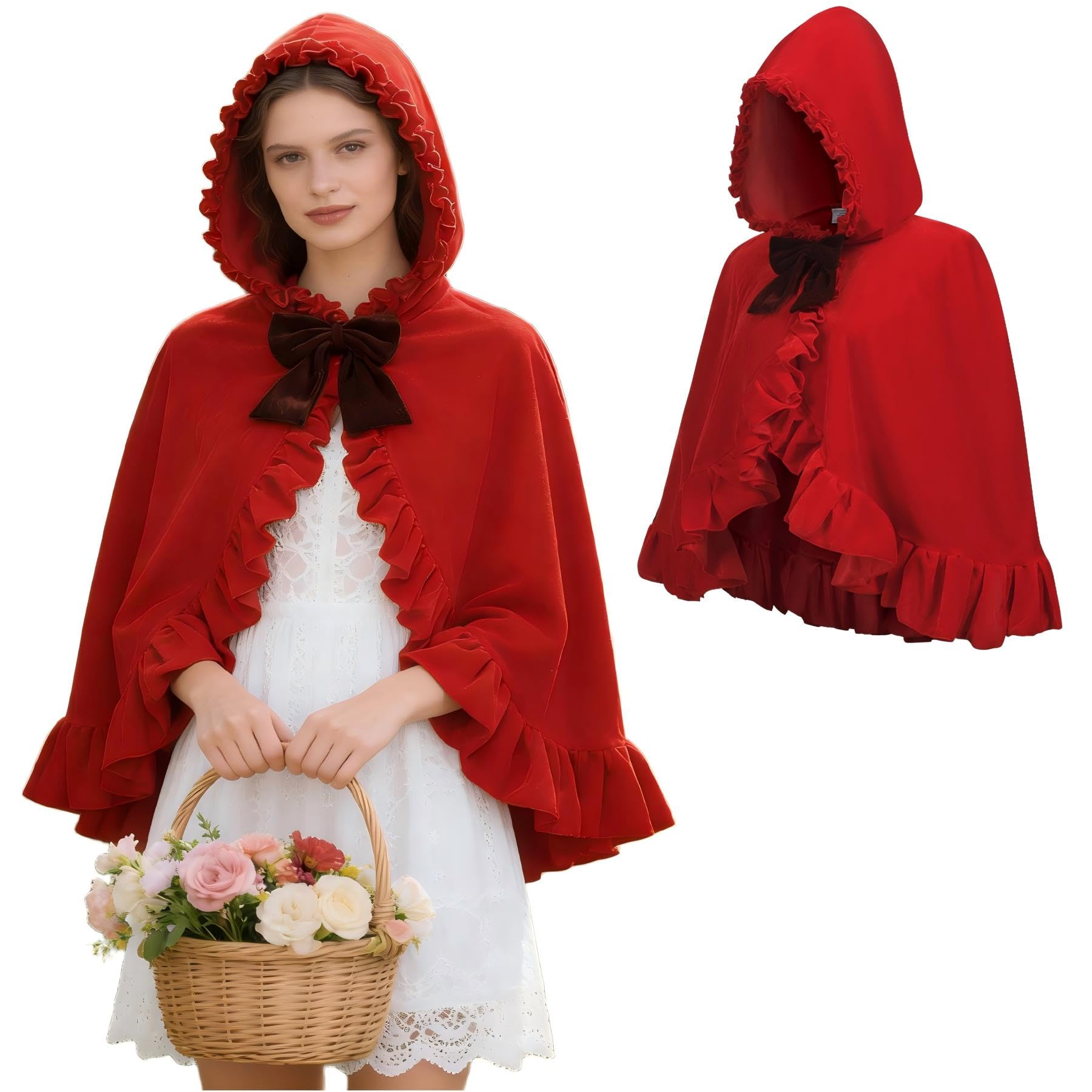 Regenboog Adult Short Little Red Riding Hood Cape, Red Cape with Hood for Women Men Halloween Christmas Carnival Dancing Party Costumes โ image 1