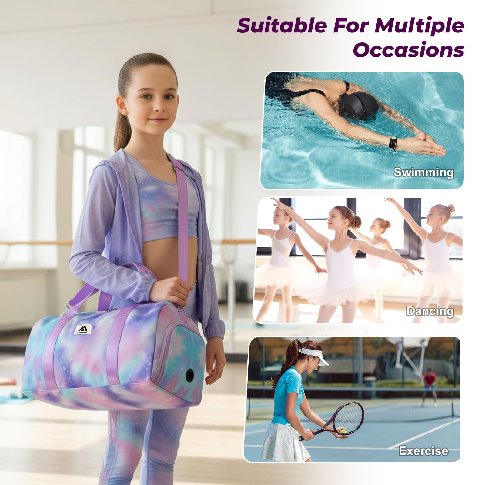 flintronic Borsone Palestra, Impermeabile Borsa da Viaggio Bambina, Borsa Sportiva con Scomparto Scarpe e Strato Umido, Borsone da Viaggio Duffel per Bambini