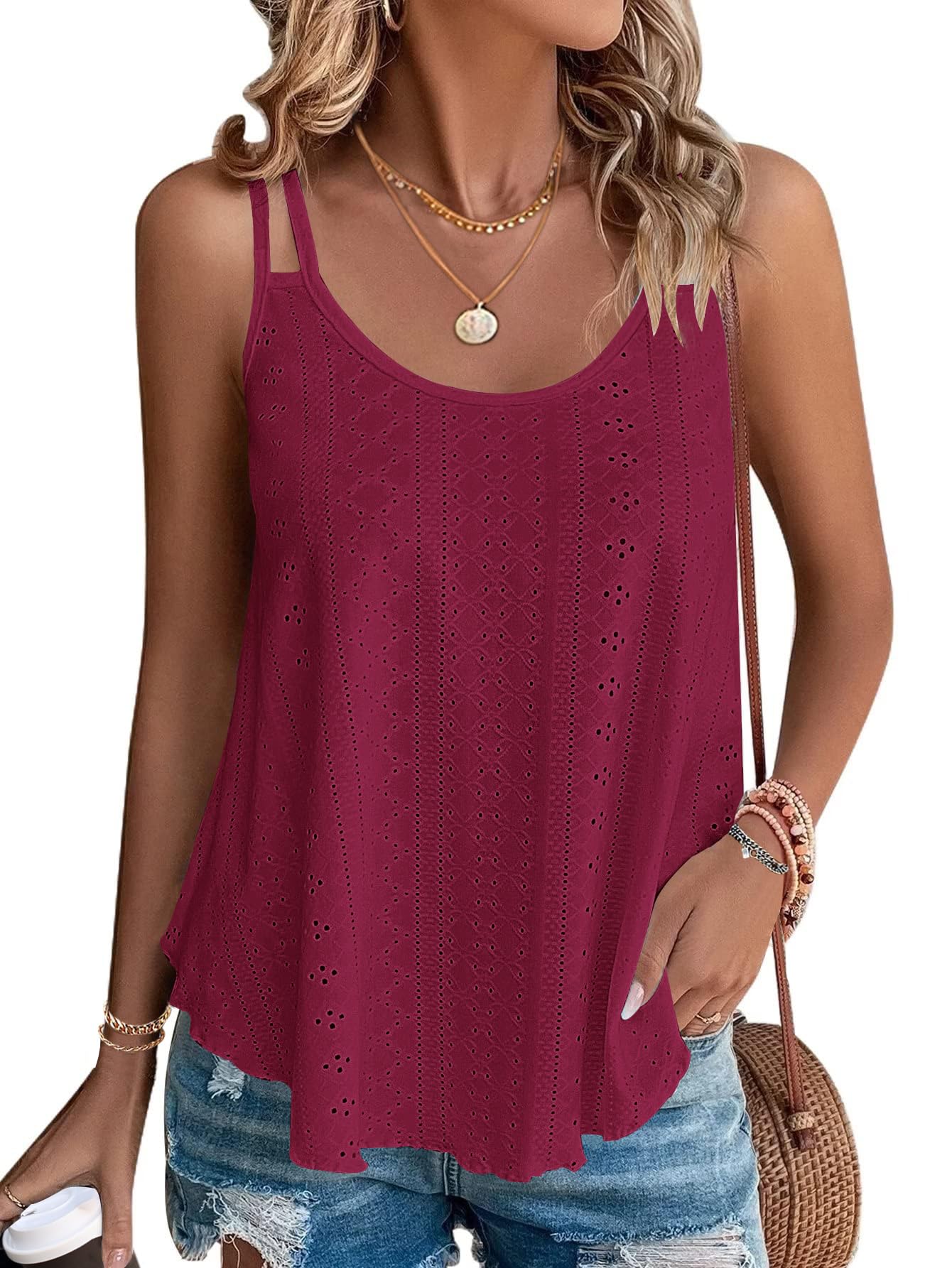 WNEEDU Women's Tank Tops Summer Spaghetti Cami Tops Sleeveless Crew Neck Blouses Top Shirts