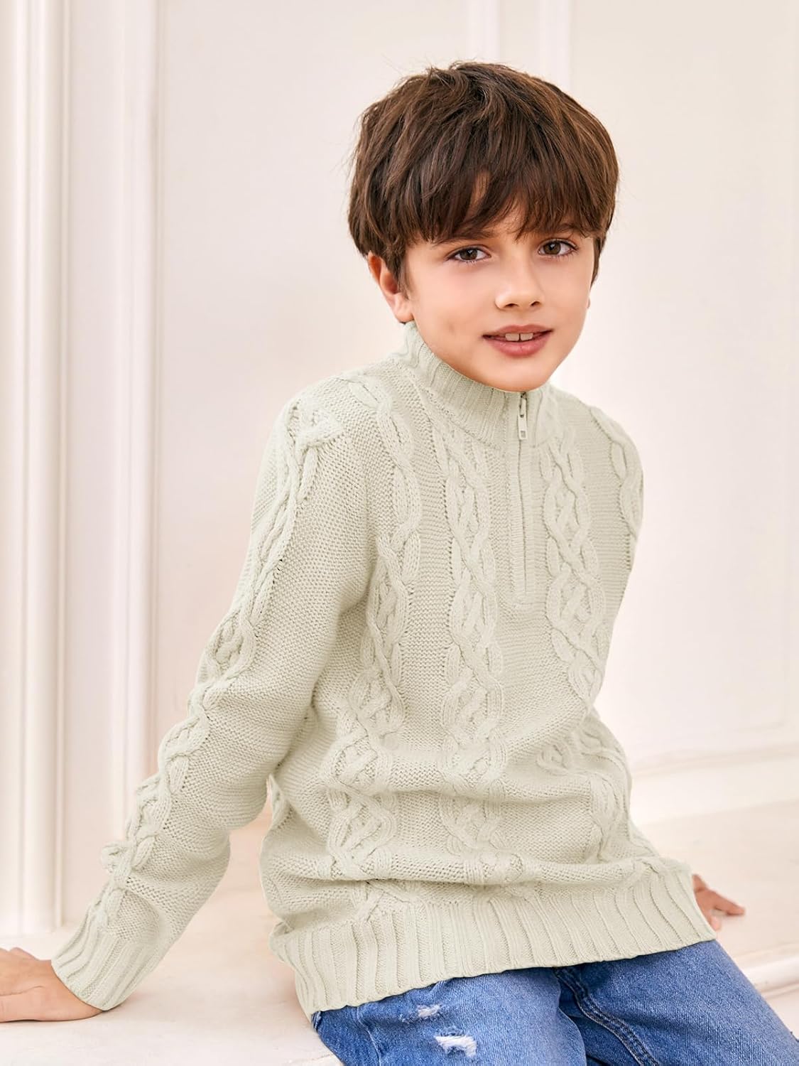 Toddler Boys' Girls' Cable Knit Pullover Sweater Quarter Zipper Long Sleeve Fall Winter Knitwear Outfit - Image 4
