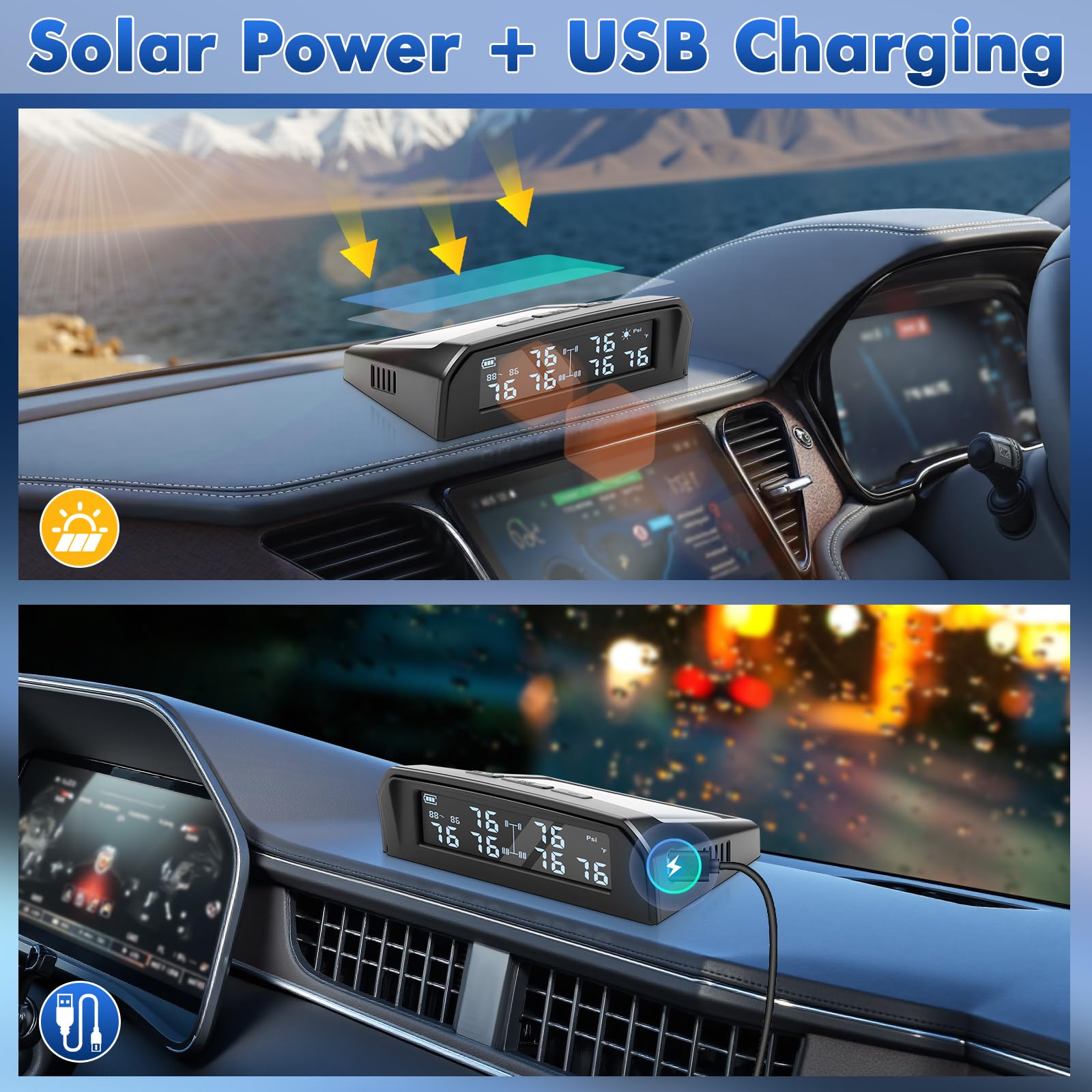 TPMS - Sistema de monitorización de la presión de los neumáticos con carga solar y USB con 6 sensores de presión de neumáticos, 5 modos de alarma, apto para coche, camión, caravana de 0 a 9,9