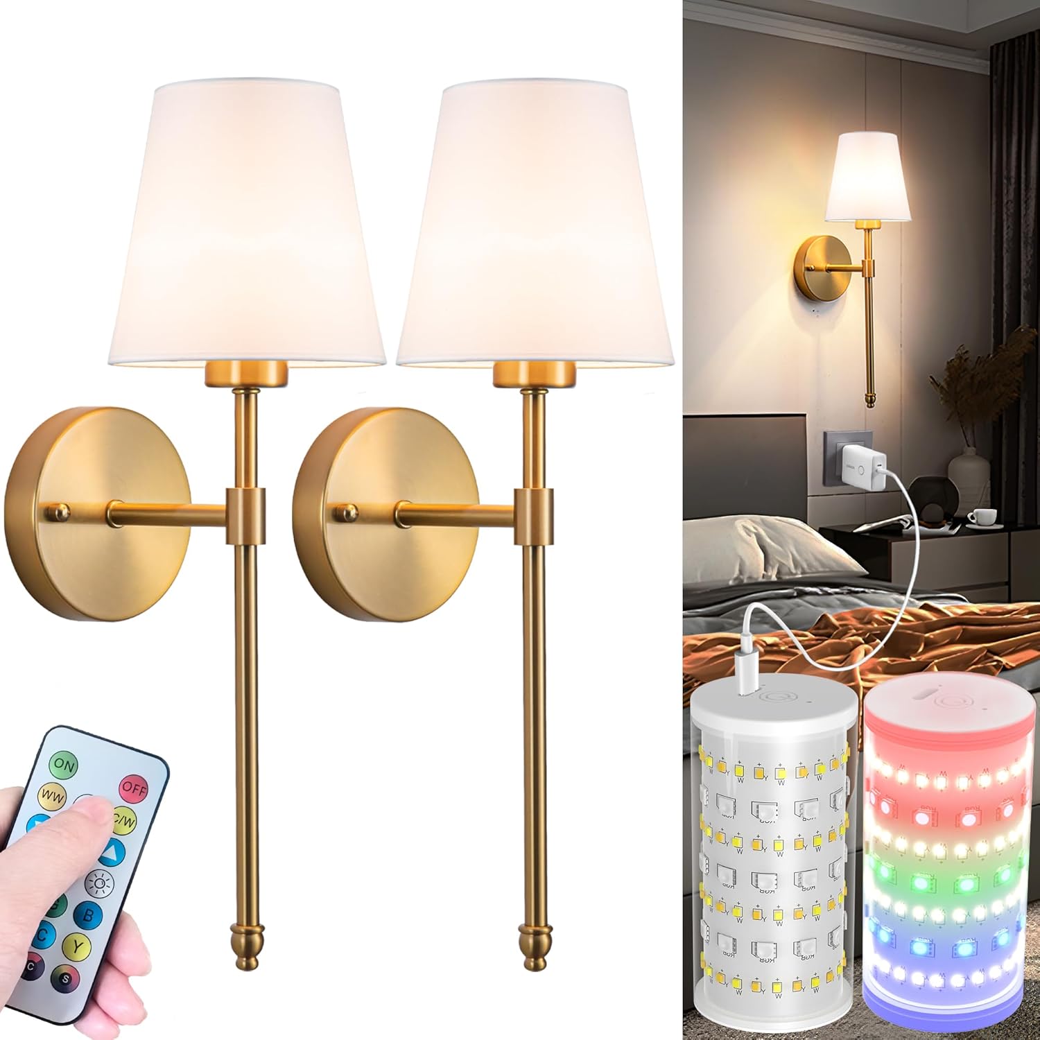 Battery Operated Wall Sconces Set Of 2, Wireless Battery Wall Light With 10000mAh RGB Rechargeable Magnetic Bulb, Rechargeable Wall Sconce With Remote Control For Bedroom, No Electrician Required Brass-20inch