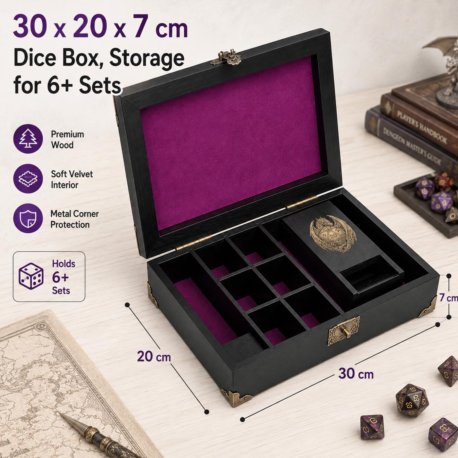 Plateau à dés et tour de rangement – Étui de rangement en bois pour dés – Accessoires de RPG pour jeux de société D&D, cadeaux de joueur (violet)