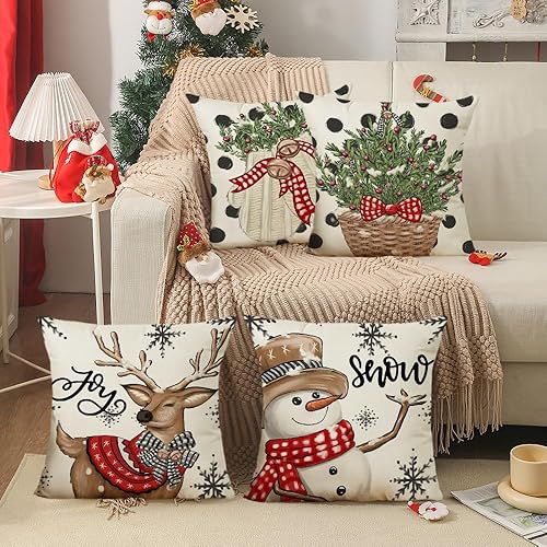 Miniatura 5 de Juego de 4 fundas de almohada decorativas para decoración de Navidad, decoración del hogar para sofá (árbol de Navidad, muñeco de nieve, guantes de