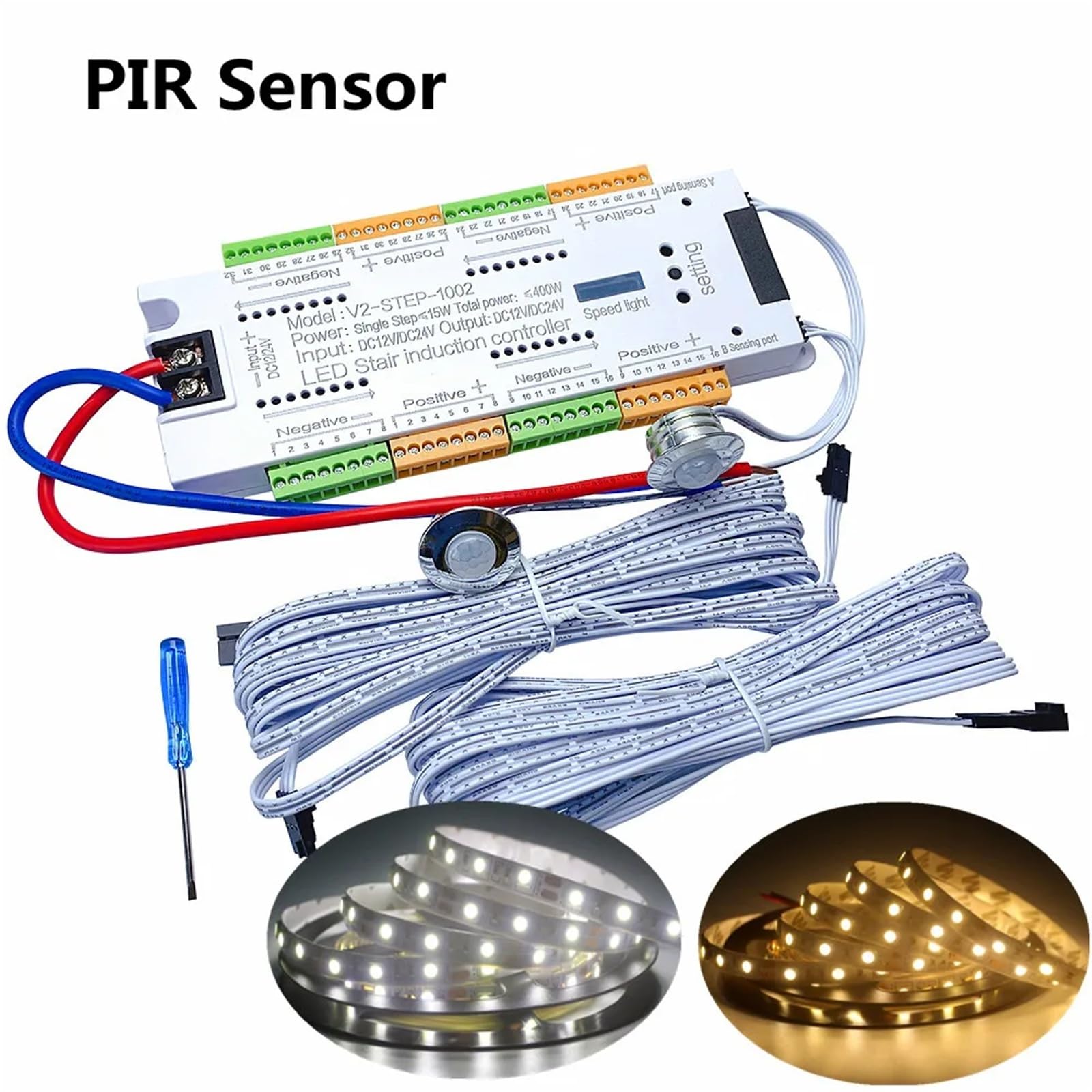 Tira de luces LED con Sensor movimiento PIR for escaleras, cinta lámpara SMD 5050 12V, controlador pasos escalera 32 canales, fuente alimentación y cable conexión(Stair Controller)