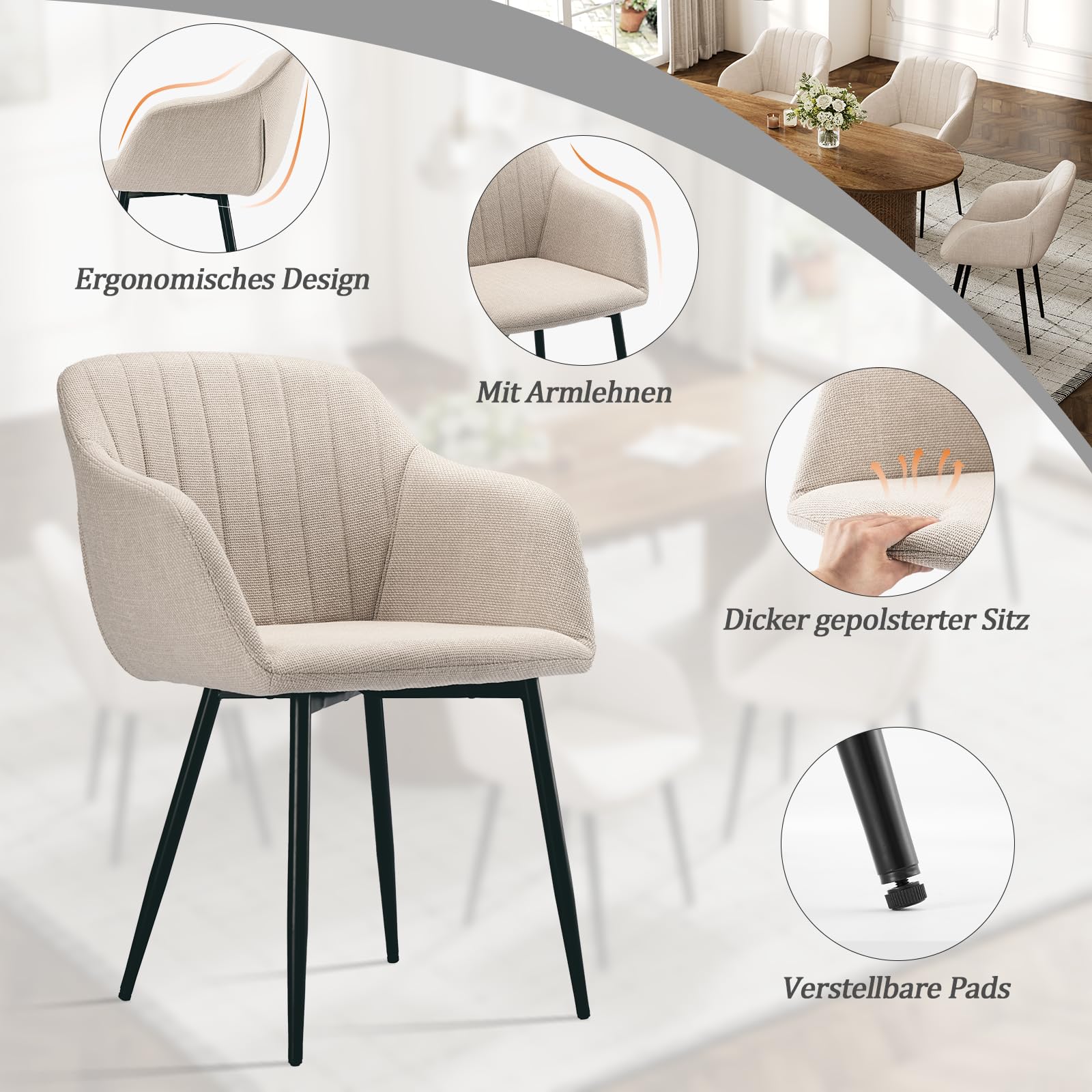 Esszimmerstühle 4er Set mit Armlehnen, Polsterstühle aus Leinen, Küchenstühle, Armlehnstuhl mit Metallgestell für Esszimmer, Wohnzimmer und Schlafzimmer, Beige