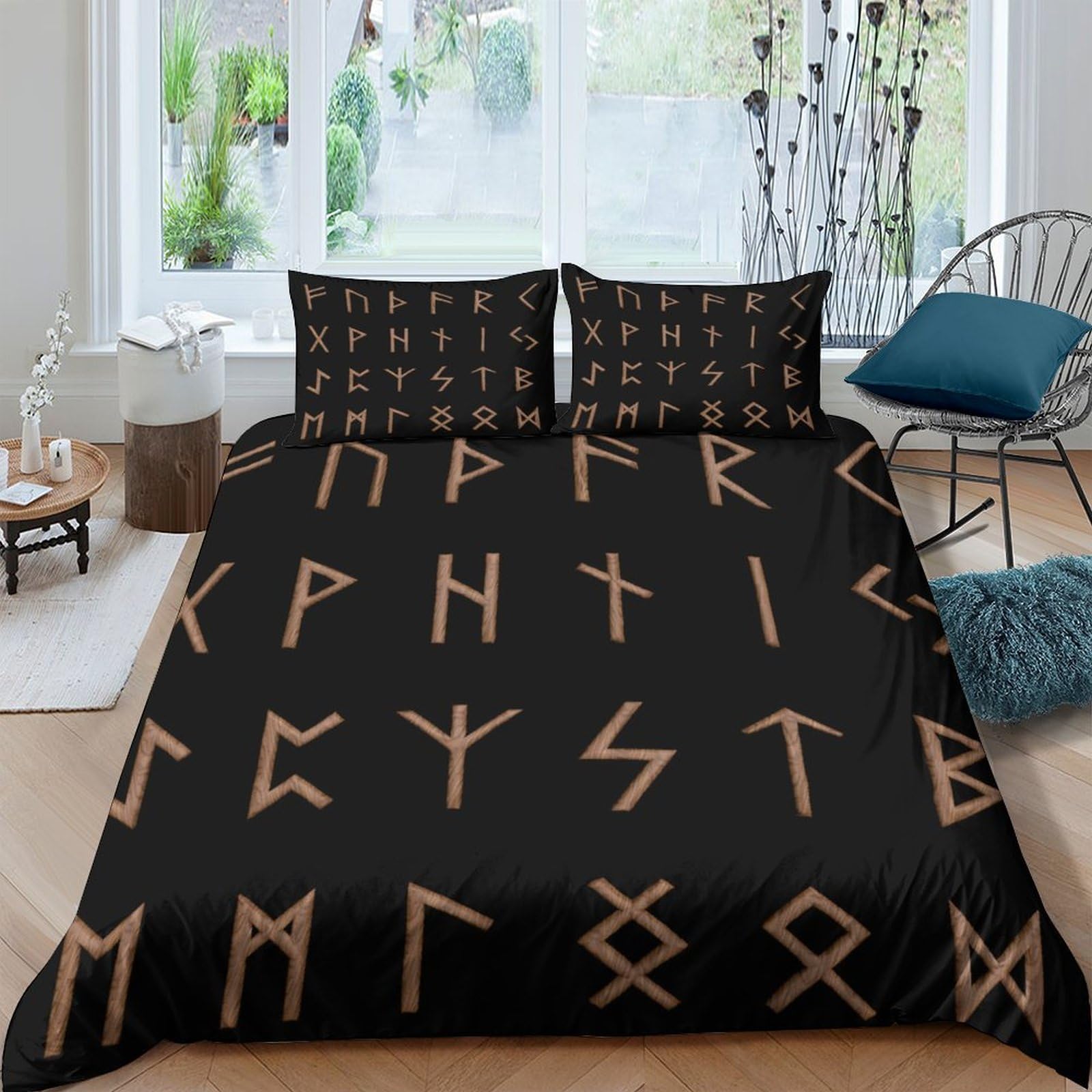 Ctjqhvkz Style-7 3D Printed Nordic Rune Fitted Sheet Microfiber Black Beige Ancient Symbol Mattress Cover For Bedroom Decor Single（135X200cm）