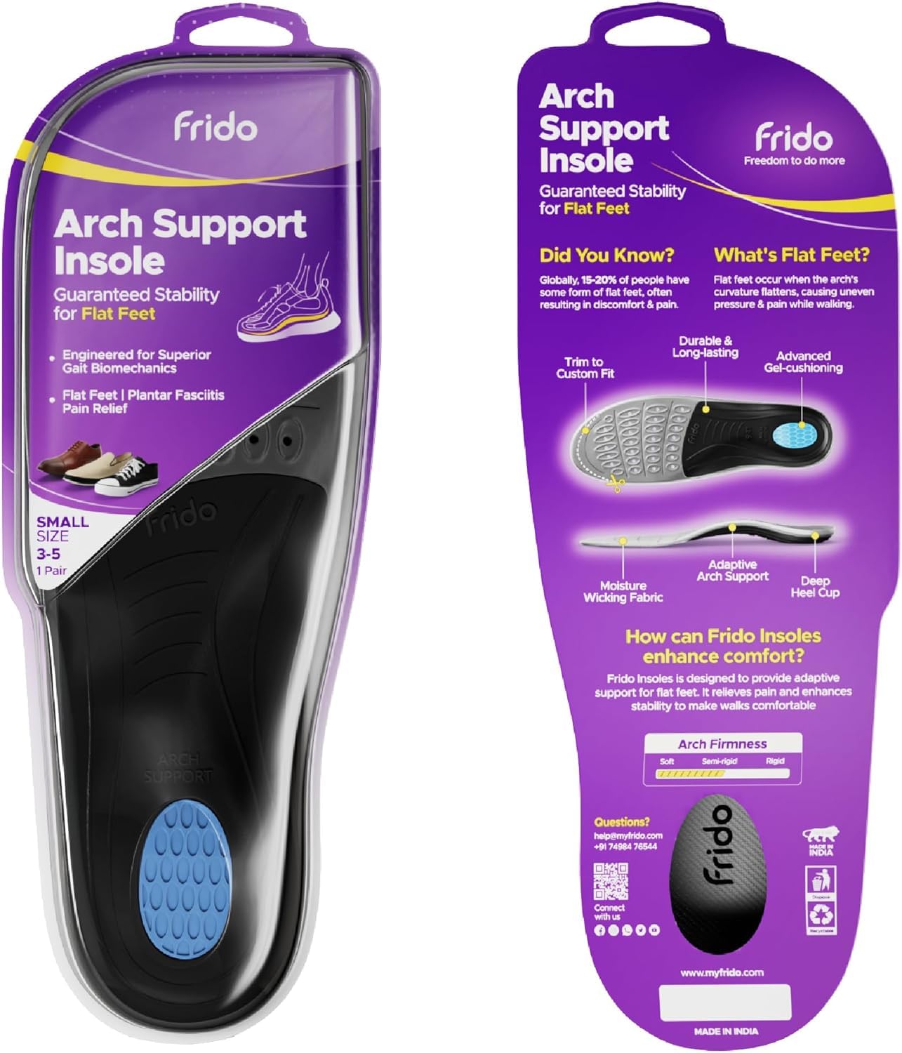 Frido Semi Rigid Arch Support Insole for Flat Feet | Relieves Feet Pain | Plantar Fasciitis & Heel Spurs | Orthotic Inserts for Stability | Comfortable & Trimmable Shoe Inserts | S (3-5 UK) Set of 1