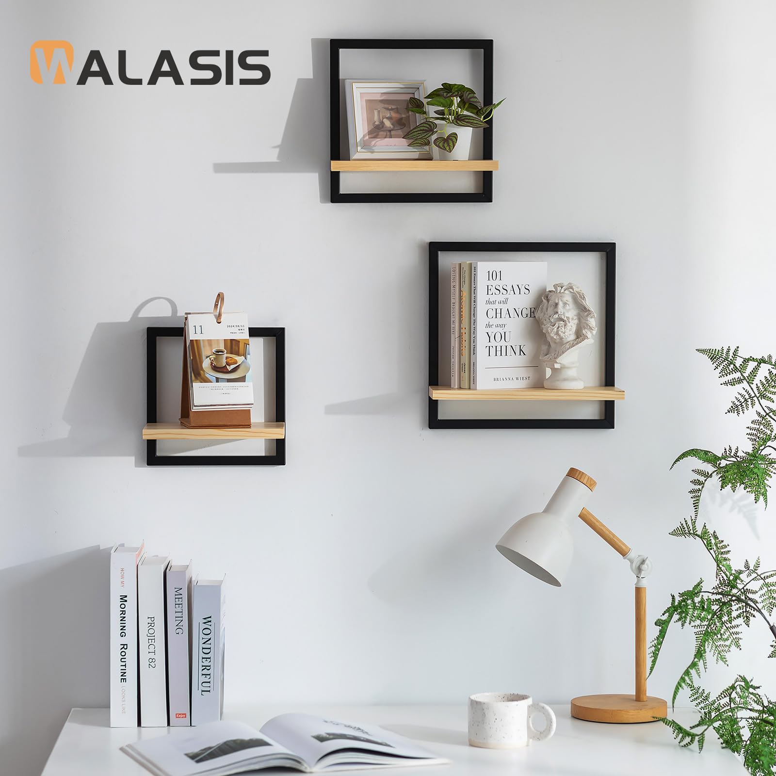 Mensola da parete nera in metallo per soggiorno: set da 3 ripiani quadrati da parete moderna, decorazione da parete, per camera da letto, bagno, angolo