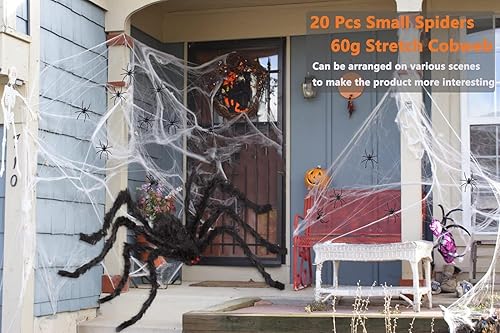 Miniatura 7 de KRRFDP Decoración de Halloween de telaraña de 200 pulgadas, araña gigante aterradora de 60 pulgadas con 20 piezas de mini araña y telaraña elástica