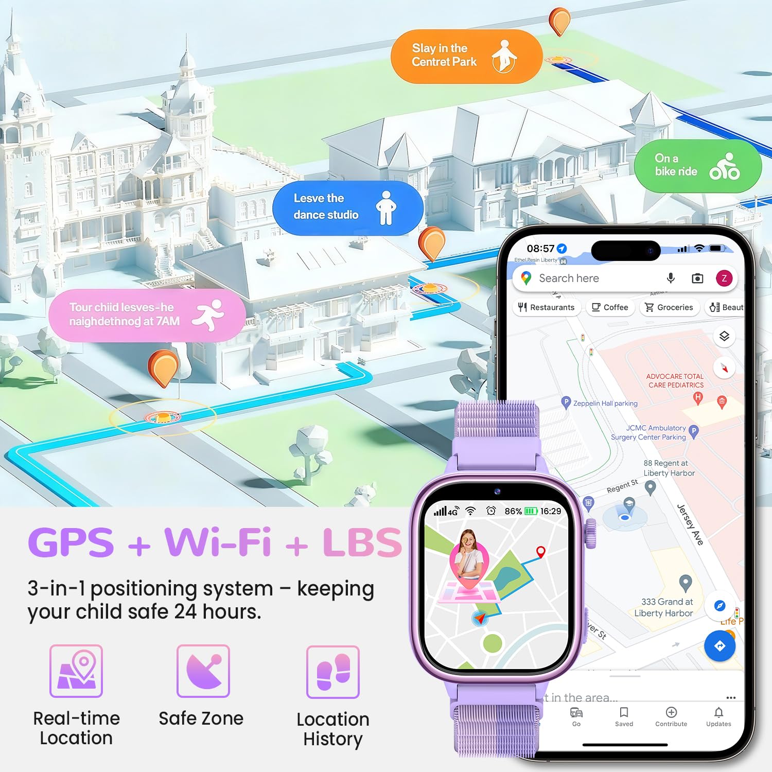 Reloj Inteligente Niño con Videollamada, 4G Smartwatch Niño con GPS y Llamadas, SOS, Chat de Voz, Modo Escuela, Podómetro, Despertador, Monitor de Sueño IP68 Impermeable Regalo para Niños Niñas Morado