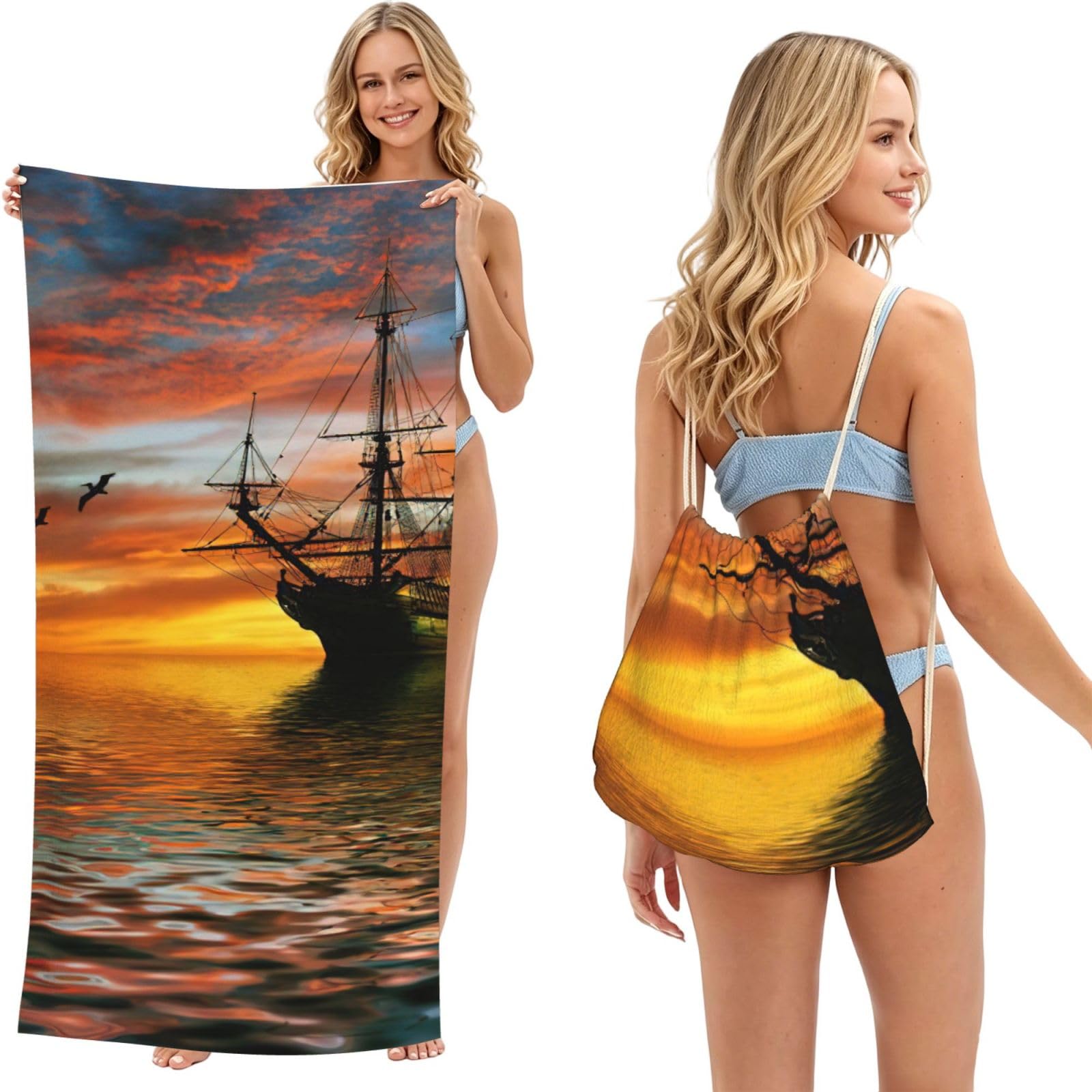 LMNvbz Cruise Ship Sailing In The Ocean With Sunset Following Print 2 In 1 Packable Beach Towel Bag, Quick Dry Backpack Microfiber Mat For Camping, Travel, Vacation, Cruise, And Picnic
