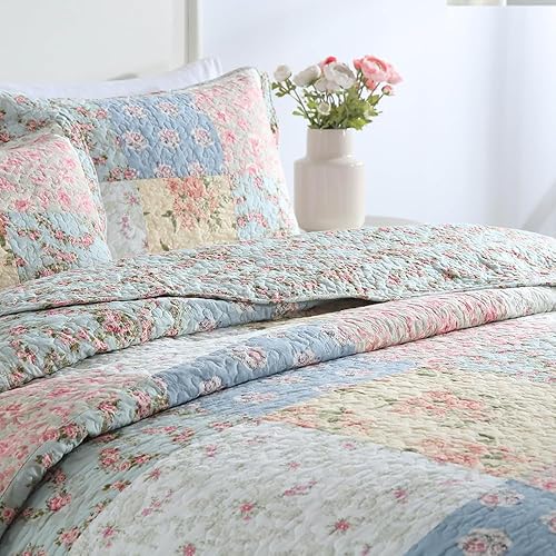 Miniatura 3 de camandy Juego de ropa de cama de algodón de 3 piezas, reversible, juego de colcha de retazos florales, azul, verde, rosa, tamaño King