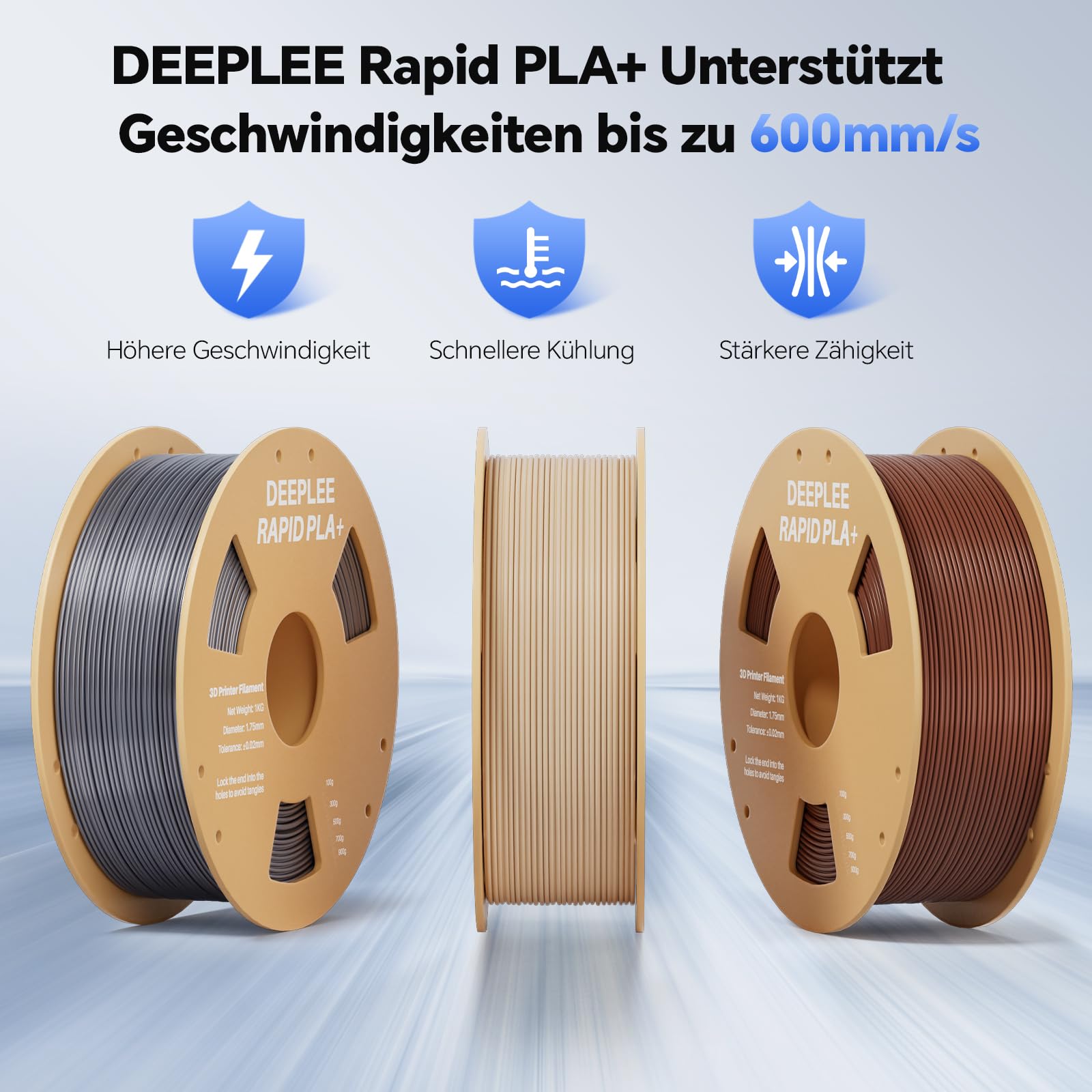 DEEPLEE Szybka filament PLA+ 1,75 mm, wysoka prędkość do 600 mm/s, czarny + biały + niebieski (3 x 1 kg), dokładność ± 0,02 mm do drukarek 3D FDM