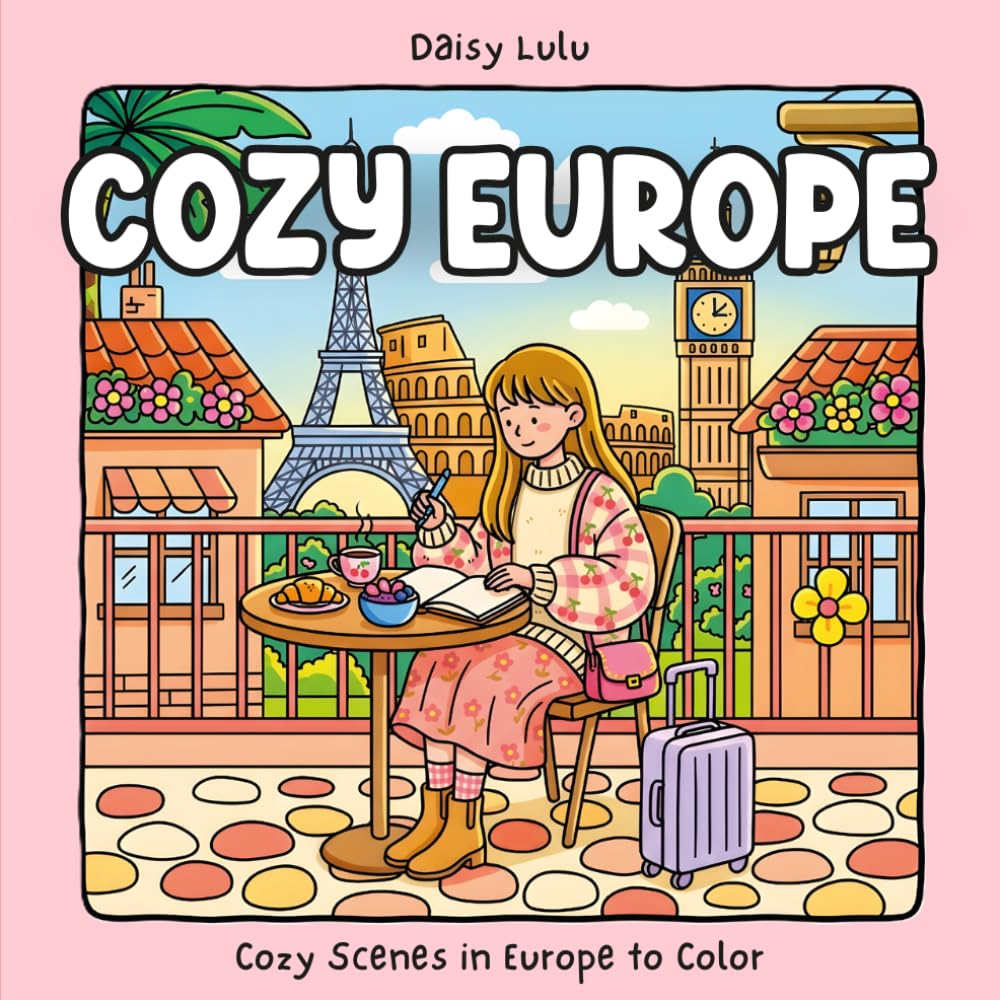 Cozy Europe - A Cute & Cozy Coloring Book for Kids & Adults: Bold & Easy Coloring Pages with European Cafés, Famous Landmarks, Croissants, Flower ... & Stress Relief (Cozy Places Coloring Series)