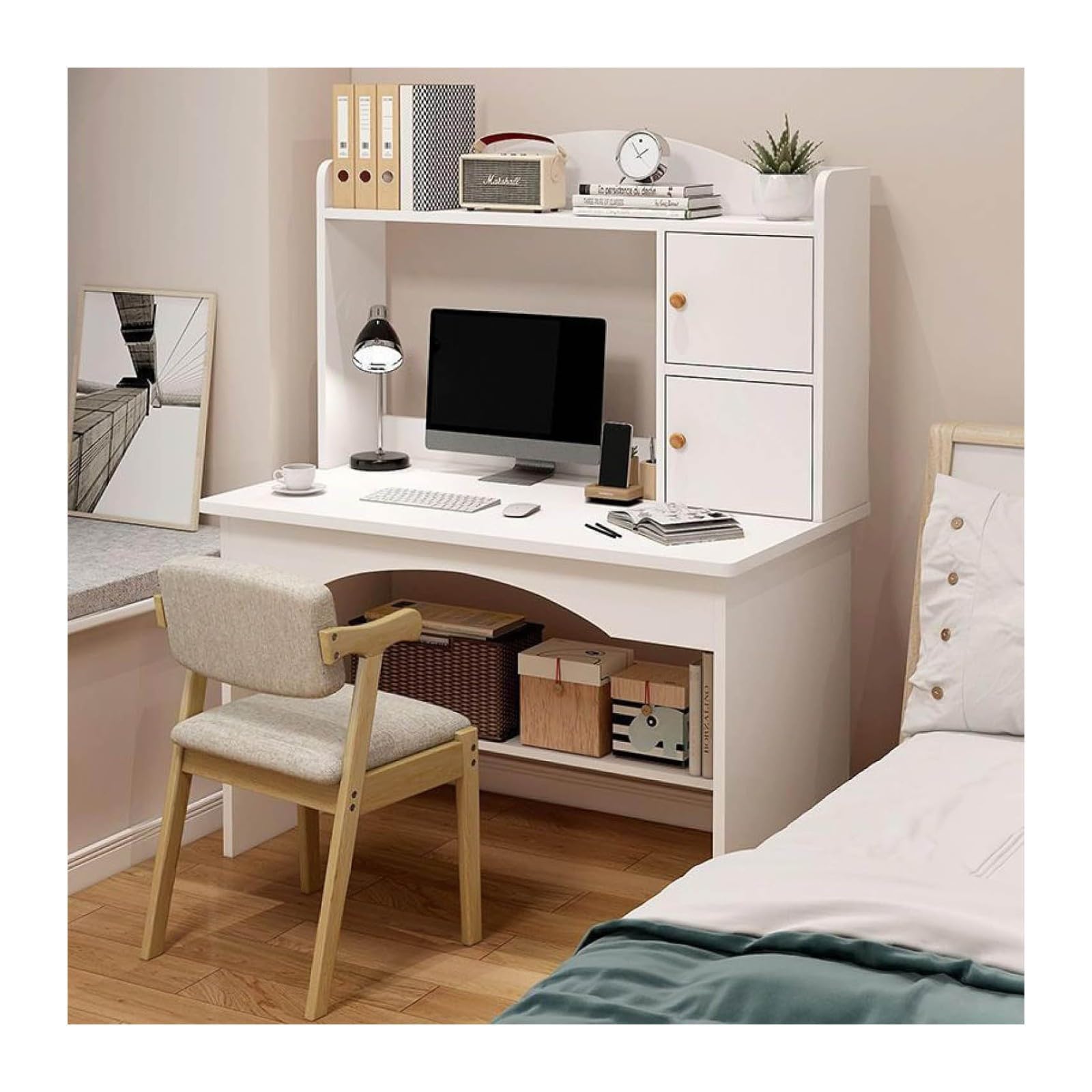 Wdsopk White Computer Desk Home Office Desk Storage Shelves Study Table - Modern Computer Desk With Home Office Writing Workstation For Home Office Small Space（-31 In）