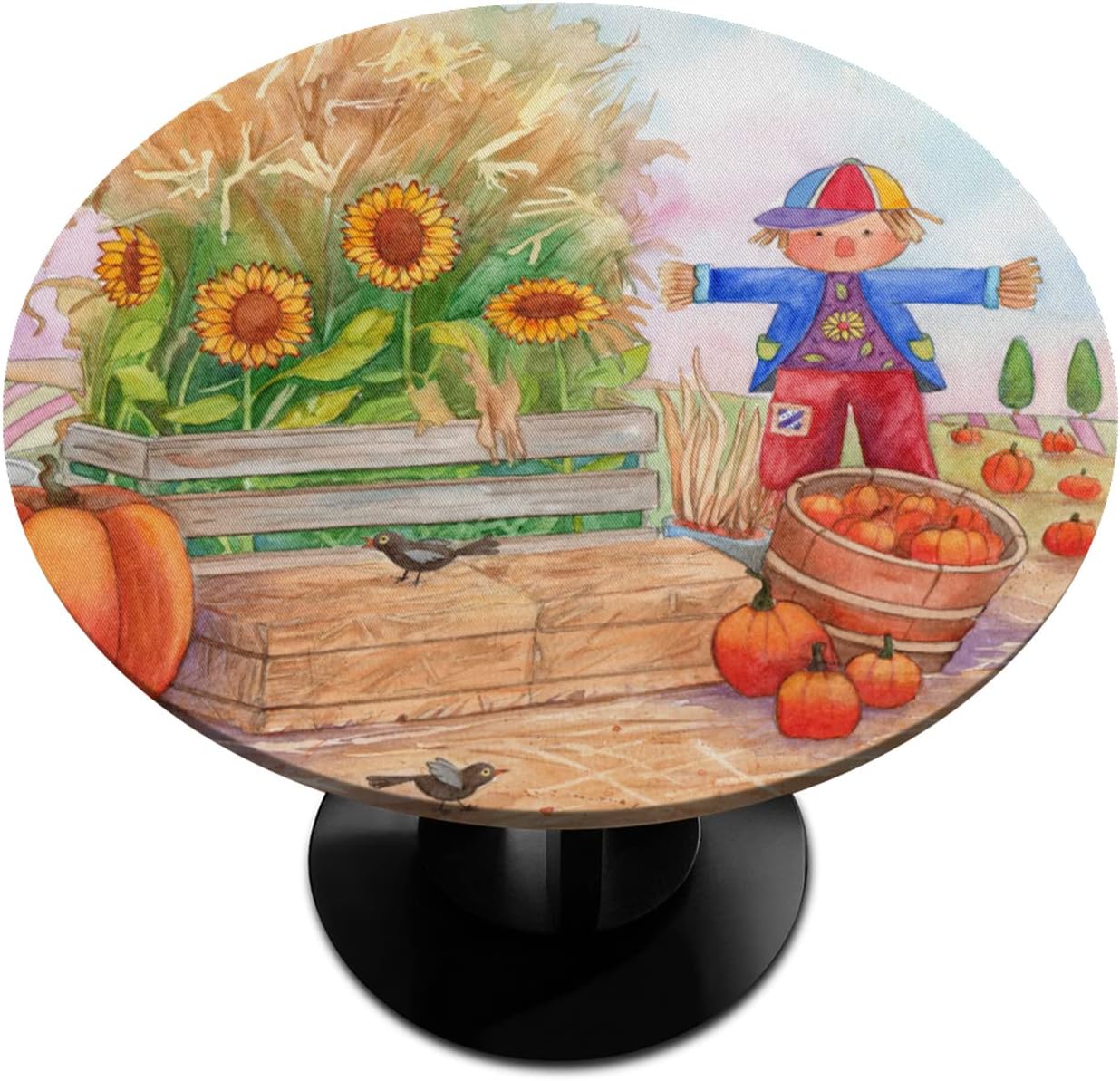 Pardick Pumpkin Sunflower Scarecrow Round Fitted Tablecloth, Autumn Round Table Cloth with Elastic Edged, Waterproof Wipeable Table Cover Fits Tables up to 45”-56” Diameter…