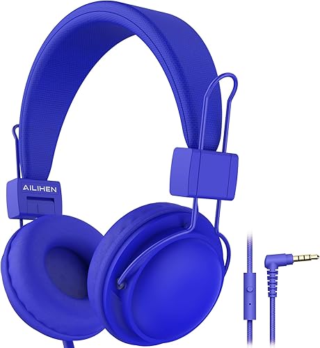 AILIHEN Auriculares para niños escolares con micrófono, auriculares con cable con volumen de 85 dB limitado y compartir, ajustables, plegables (azul