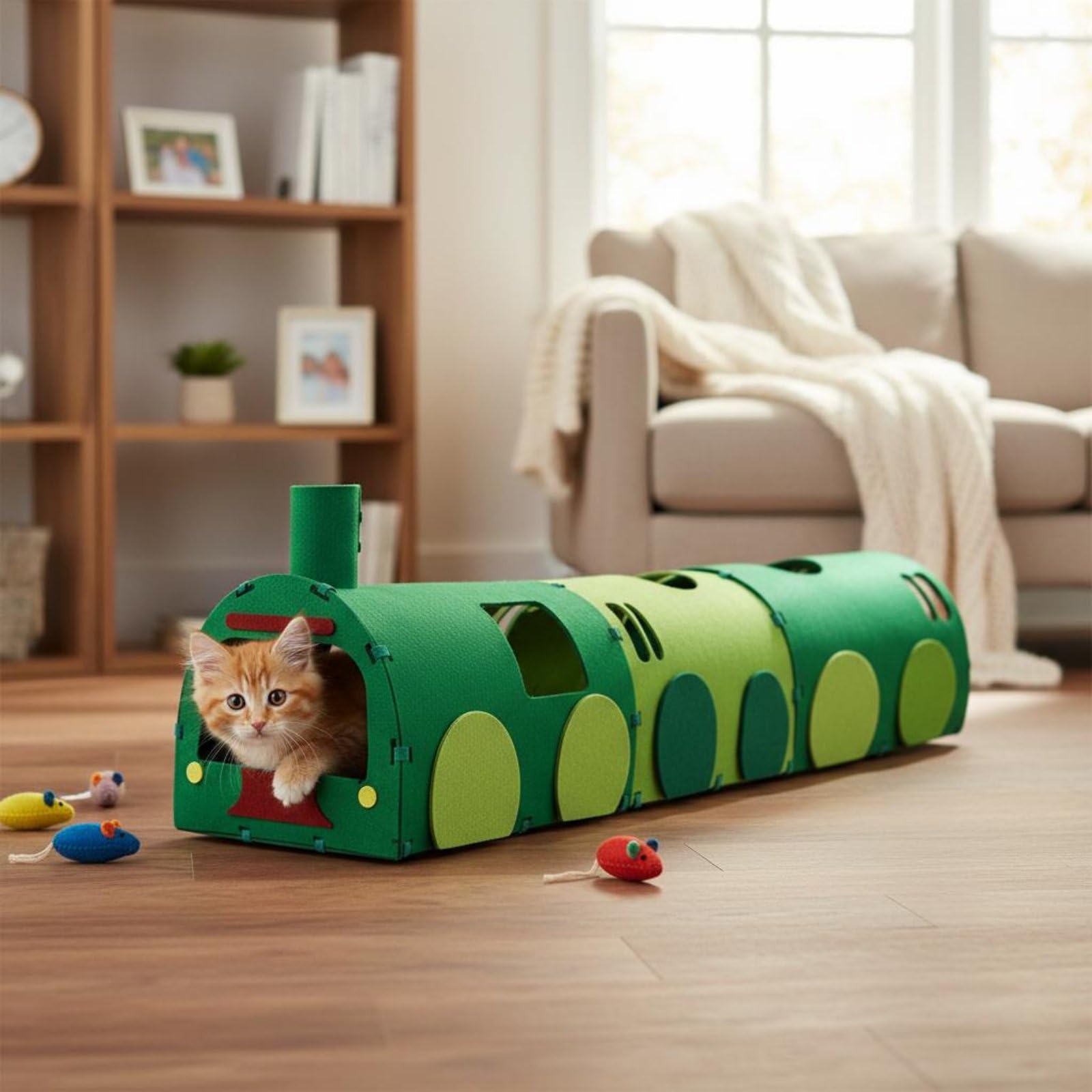 F Fityle para Gatos Tren Refugio Modular Casa para Gatos Juguete Interactivo Estructura Expandible Hecho para Permitir el Juego y Adecuado para Hogares con Gatos, Tren Verde Principal