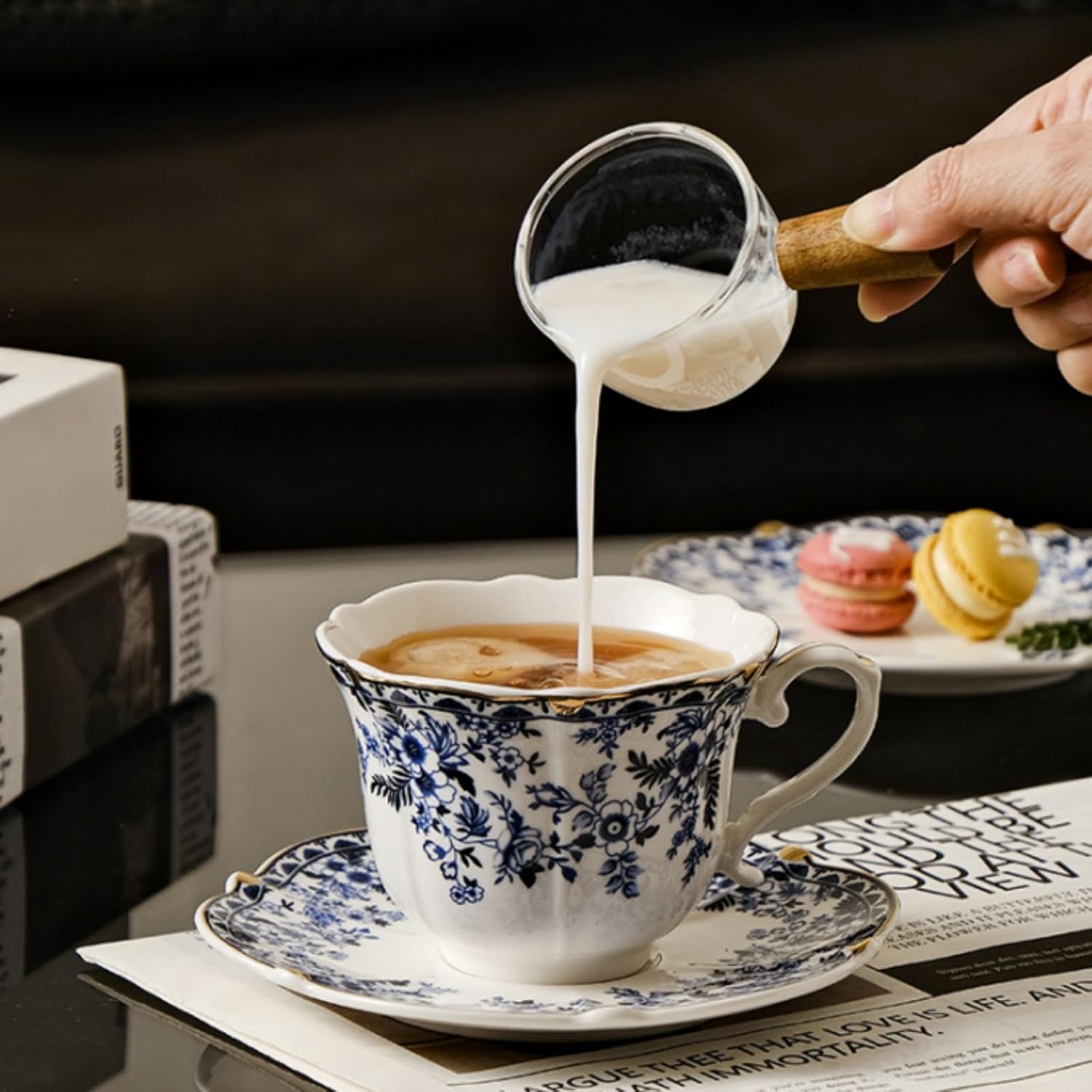 Porcelain Tea Cups and Saucers Set of 2, 6 Oz Vintage Country Roses Bone China Tea Cup with Gold Trim, Spoon, 6 Pieces Coffee Cappuccino Mugs for Women, Tea Parties, Wedding Gifts - Image 7