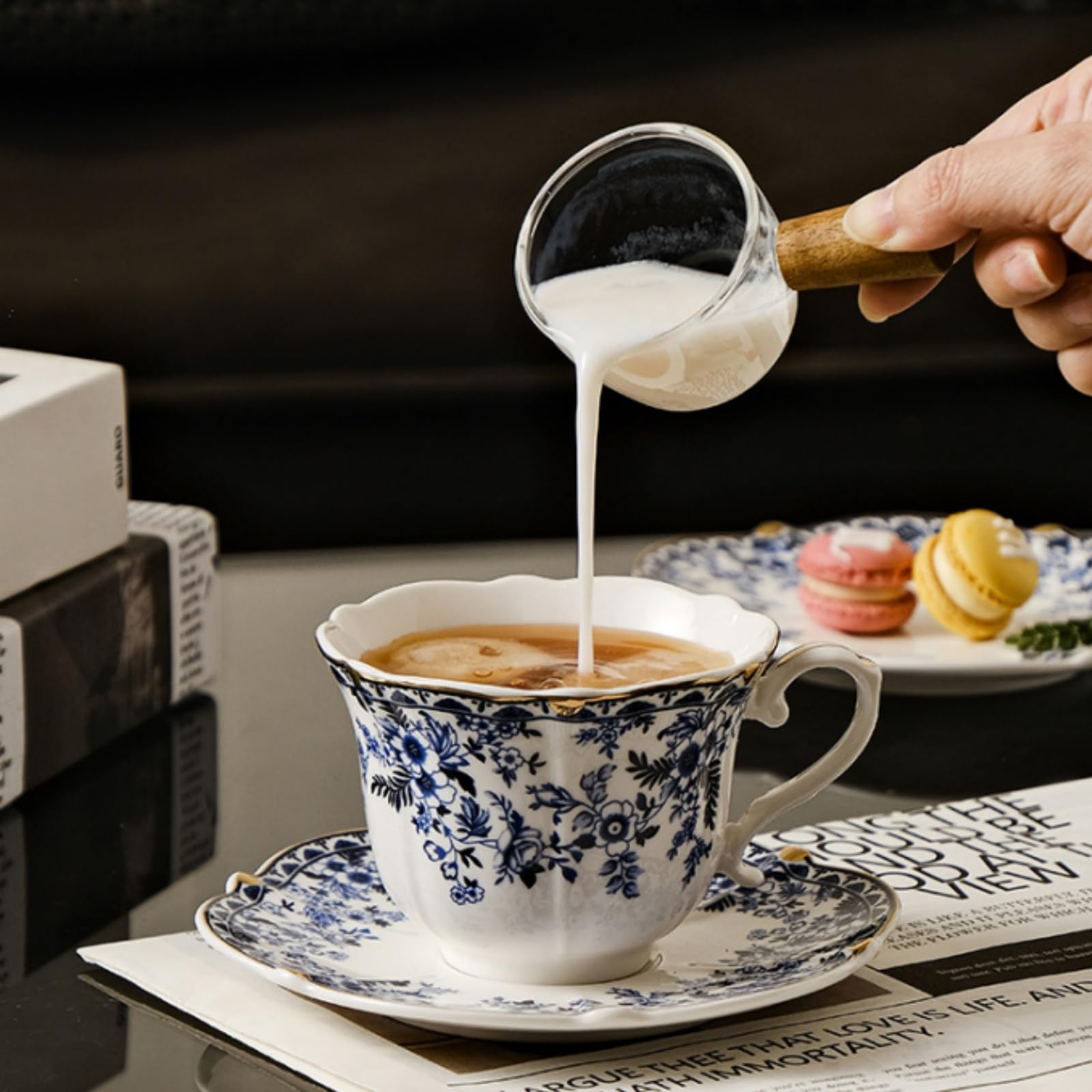 Set di 2 tazze da tè e piattini in porcellana, 170 ml, stile vintage, con rose rustiche, con finiture dorate, cucchiaio, 6 tazze da caffè e cappuccino per donne, tea party, regali di nozze