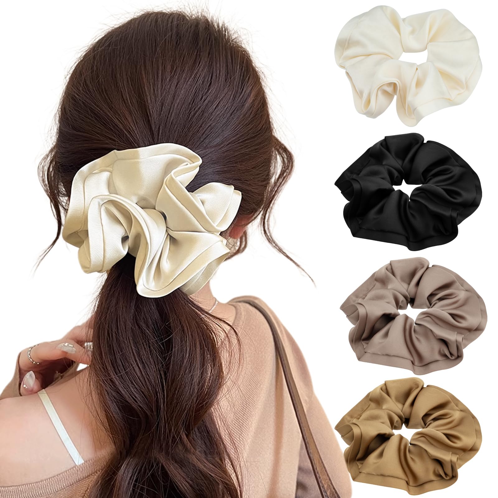 4 Pcs Large Silk Hair Scrunchies for Women Lengthening Satin Scrunchies for Hair Soft and Silky Hair Ties Hair Bands Elastic Hair Band Ponytail Holders Hair Accessories for Women Girls and Ladies