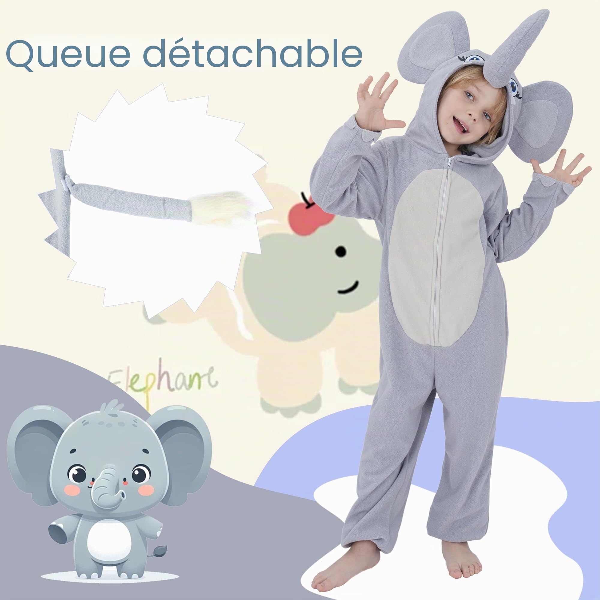 Sincere Party Costume de cache-couche éléphant mignon en toison, combinaison d'éléphant à capuche vive pour garçons et filles L(8-10)